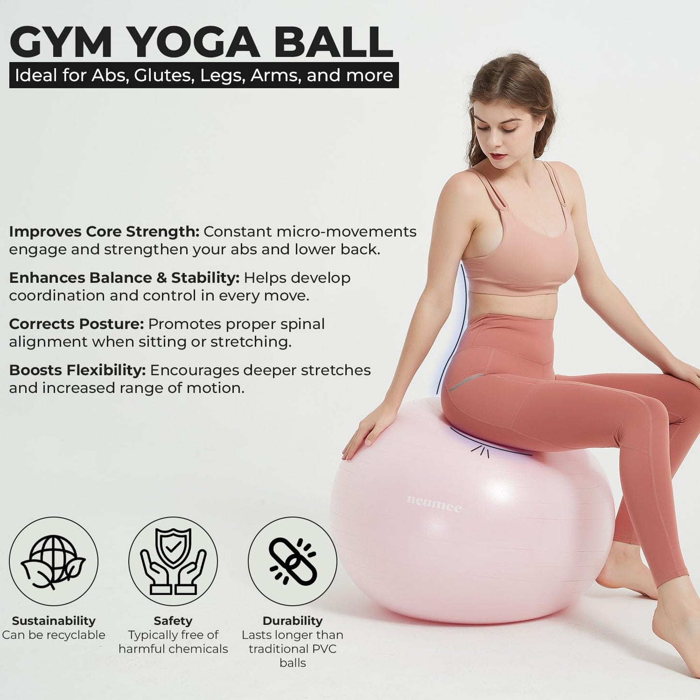 NEUMEE Yoga Ball Chair with 65cm Exercise Ball & 2 Resistance Bands, Stability Base for Home Office, Yoga, Pilates & Fitness, Balance Ball for Posture, Core Strength & Low Impact Workouts (Black)