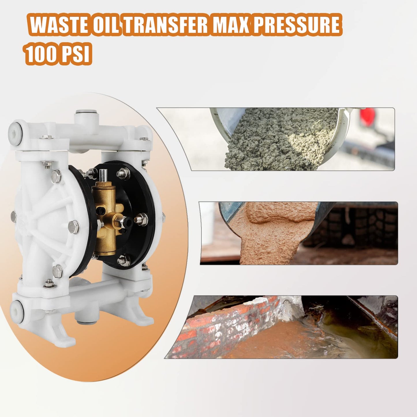 GCCSJ Air Operated Heavy Duty Double Diaphragm Transfer Pump 1/2" Inlet and Outlet, 13GPM, 100 PSI Max, Polypropylene Nitrile Rubber Stainless Steel Plastic Air Operated Waste Oil Transfer Pump