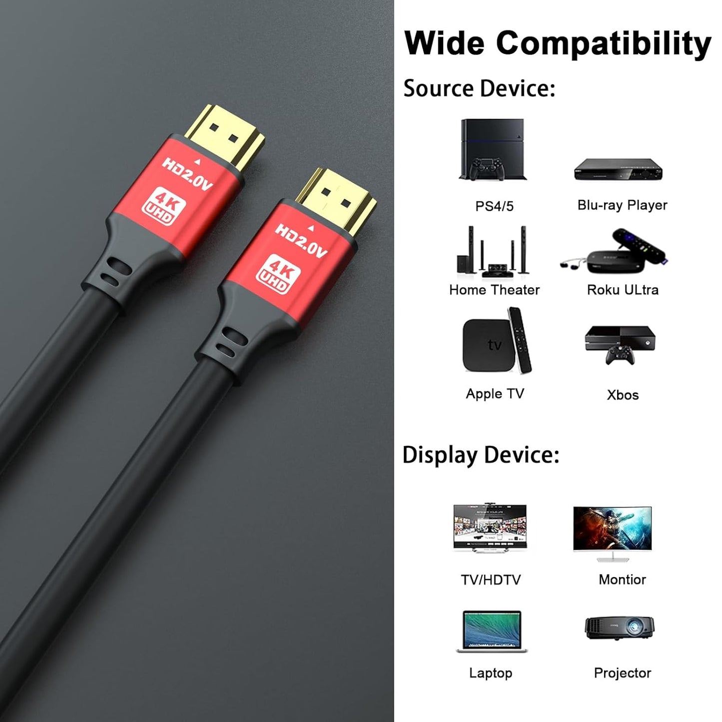 35FT 4K60Hz, 4K Setup. Long HDMI Cable High Speed HDMI Cable with Gold Plated Connectors, Red Aluminum Housing