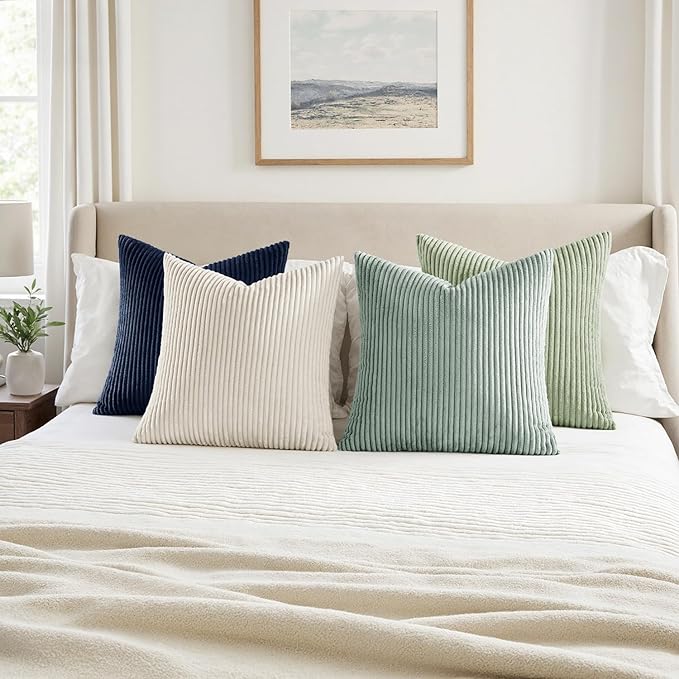 MIULEE Boho Farmhouse Muted Teal Throw Pillow Covers 18x18 Inch Set of 4 Mordern Nordic Cushion Covers Soft Corduroy Spring Home Decor for Couch Bed Sofa Living Room