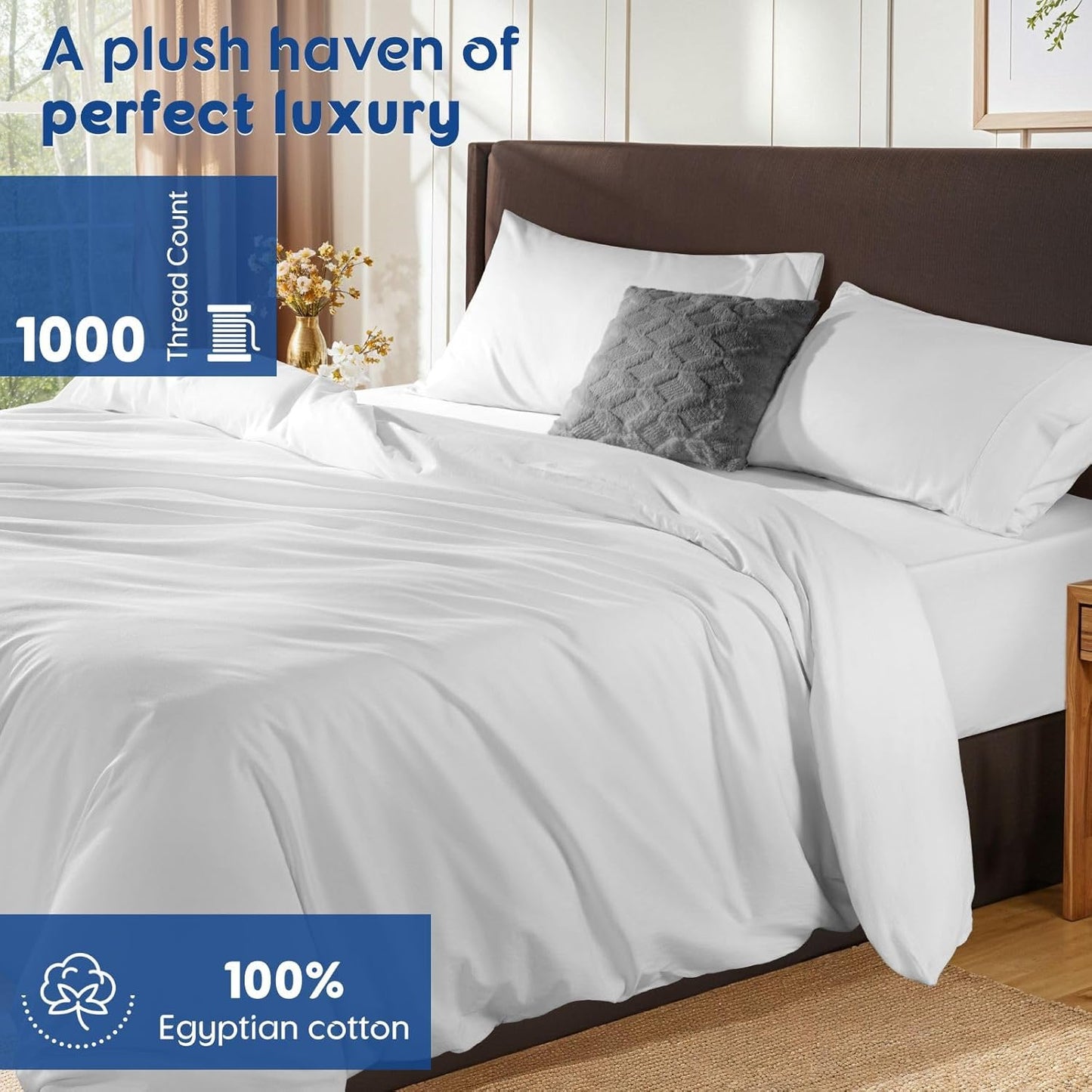 SONORO KATE 100% Egyptian Cotton Duvet Cover - Soft & Breathable 1000 Thread Count | Queen Size, White - 3 PC Set