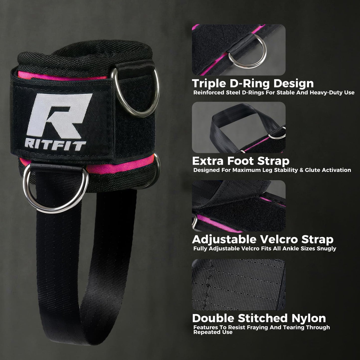 RitFit Kickback Ankle Straps Padded Ankle Strap for Cable Machine,Strong Hook and Loop,Reinforced 3 D-Ring, Adjustable Comfort fit Neoprene - Premium Ankle Cuffs to Enhance Abs, Glute & Leg Workouts