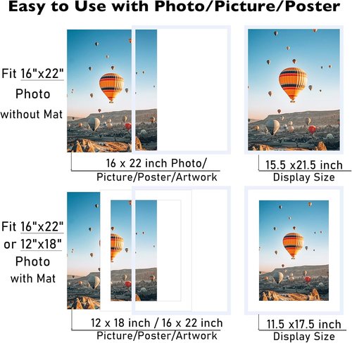 JCJMY 16x22 Picture Frame - Display 12x18 Photos with Mat or 16x22 Without Mat | White Wall Hanging Frame