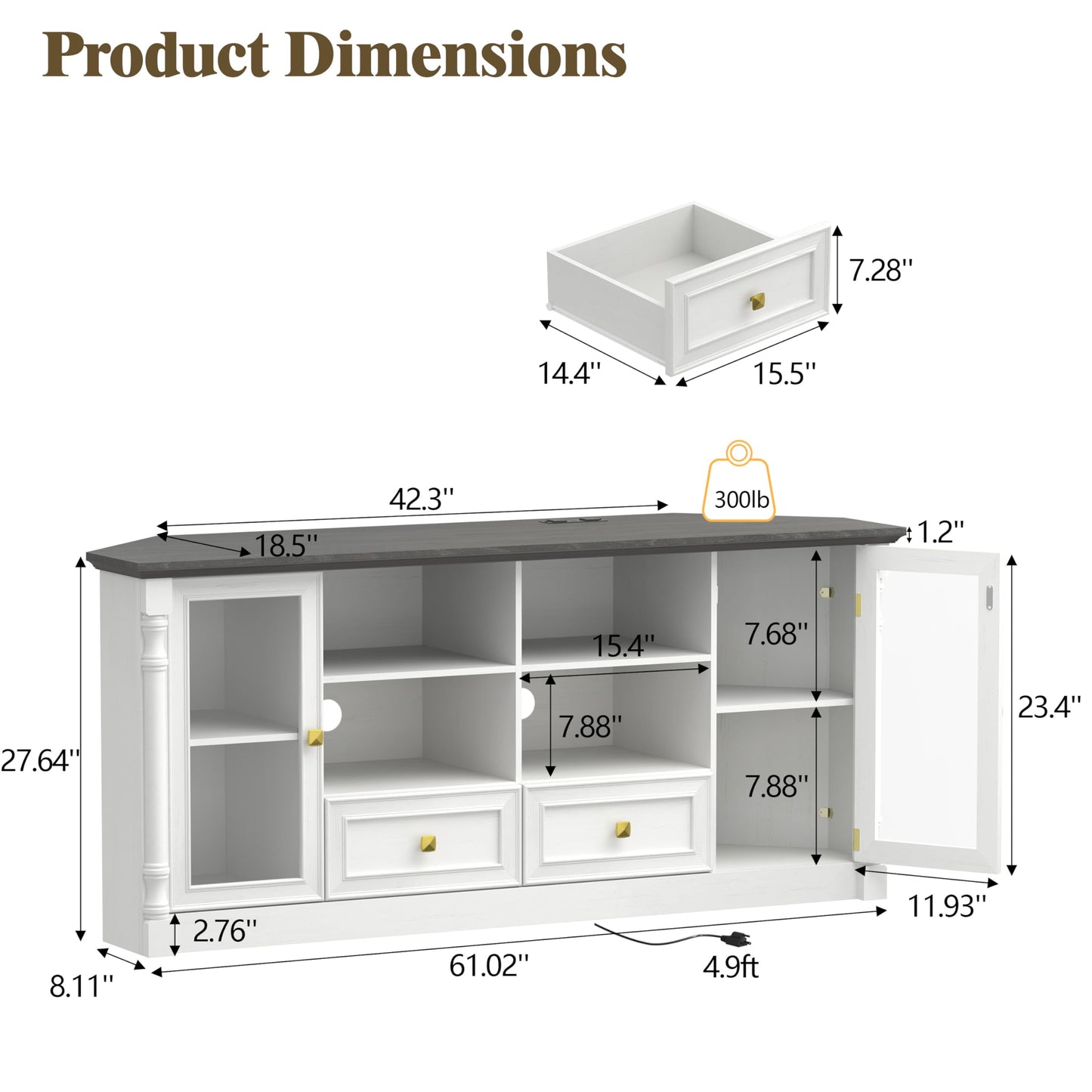 Corner TV Stand for 55 60 65 Inch TVs, Farmhouse Entertainment Center with 2 Storage Drawers and 2 Display Cabinet & Power Outlet and LED Lights, Wood TV Console Table for Living Room, Bedroom, White