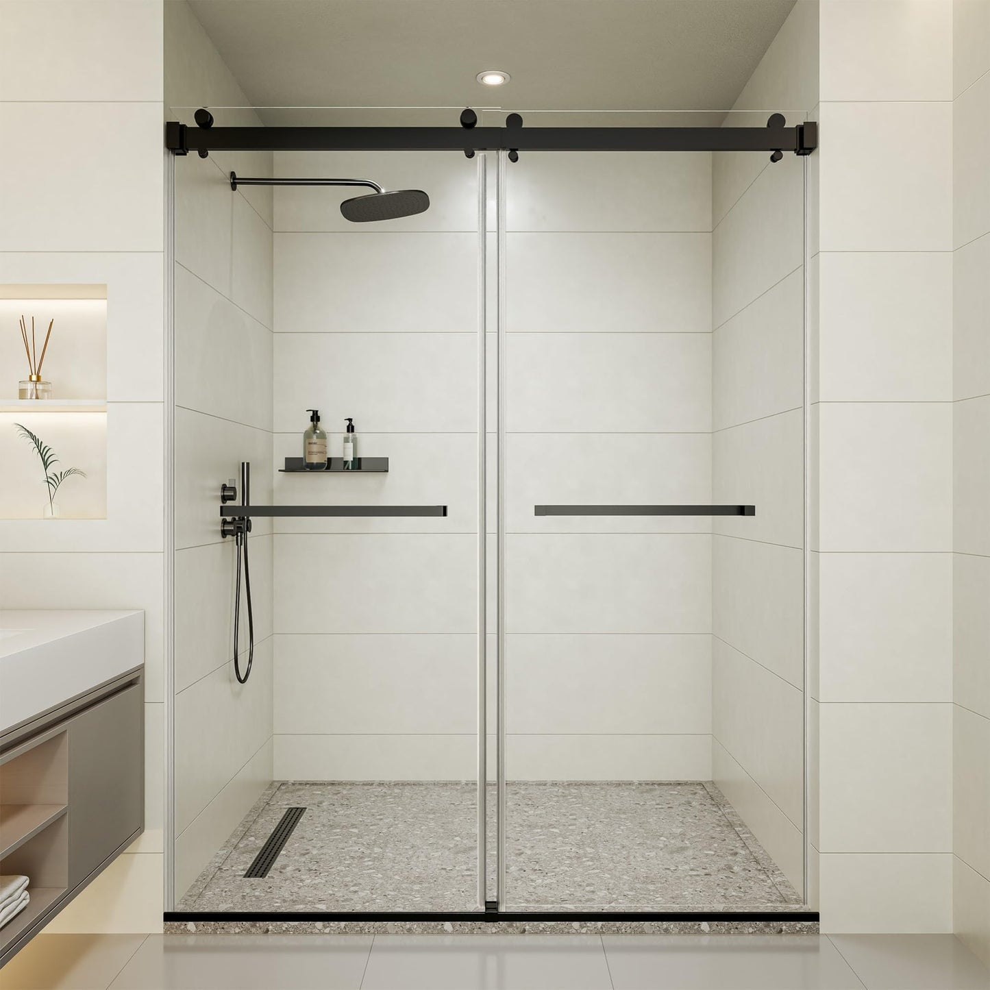 56-60" W x 72" H Frameless Shower Door, Double Sliding Glass Shower Door with 5/16" (8mm) Clear SGCC Tempered, Roller Disc System, 304 Stainless Steel (Matte Black, 56-60" W*72" H)