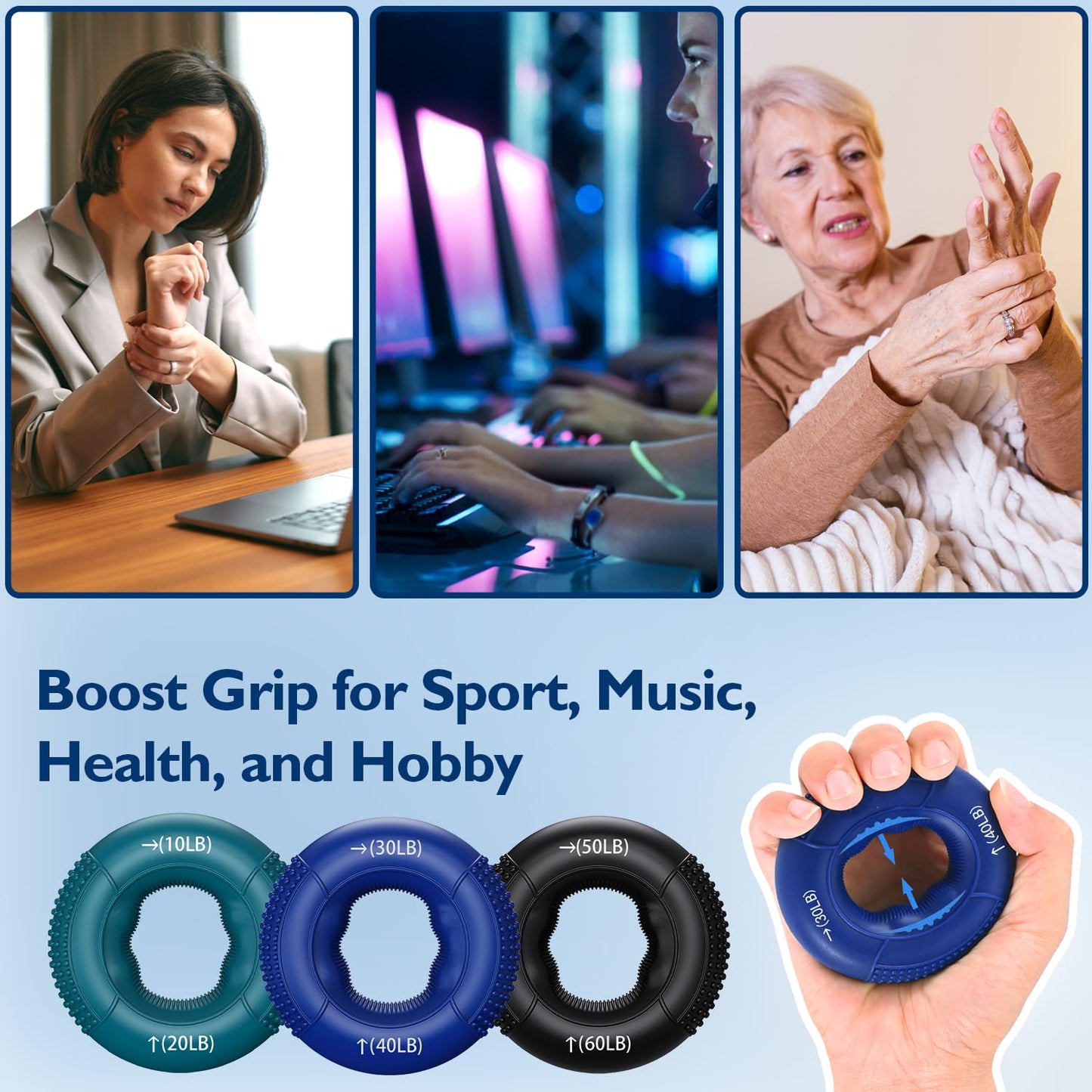 FitBeast Hand Grip Strengthener, Finger Exerciser, Forearm Strengthener Kit - 9 Pack, Targeted Hand & Forearm Strength, Relief & Recovery Kit (Deep Blue)