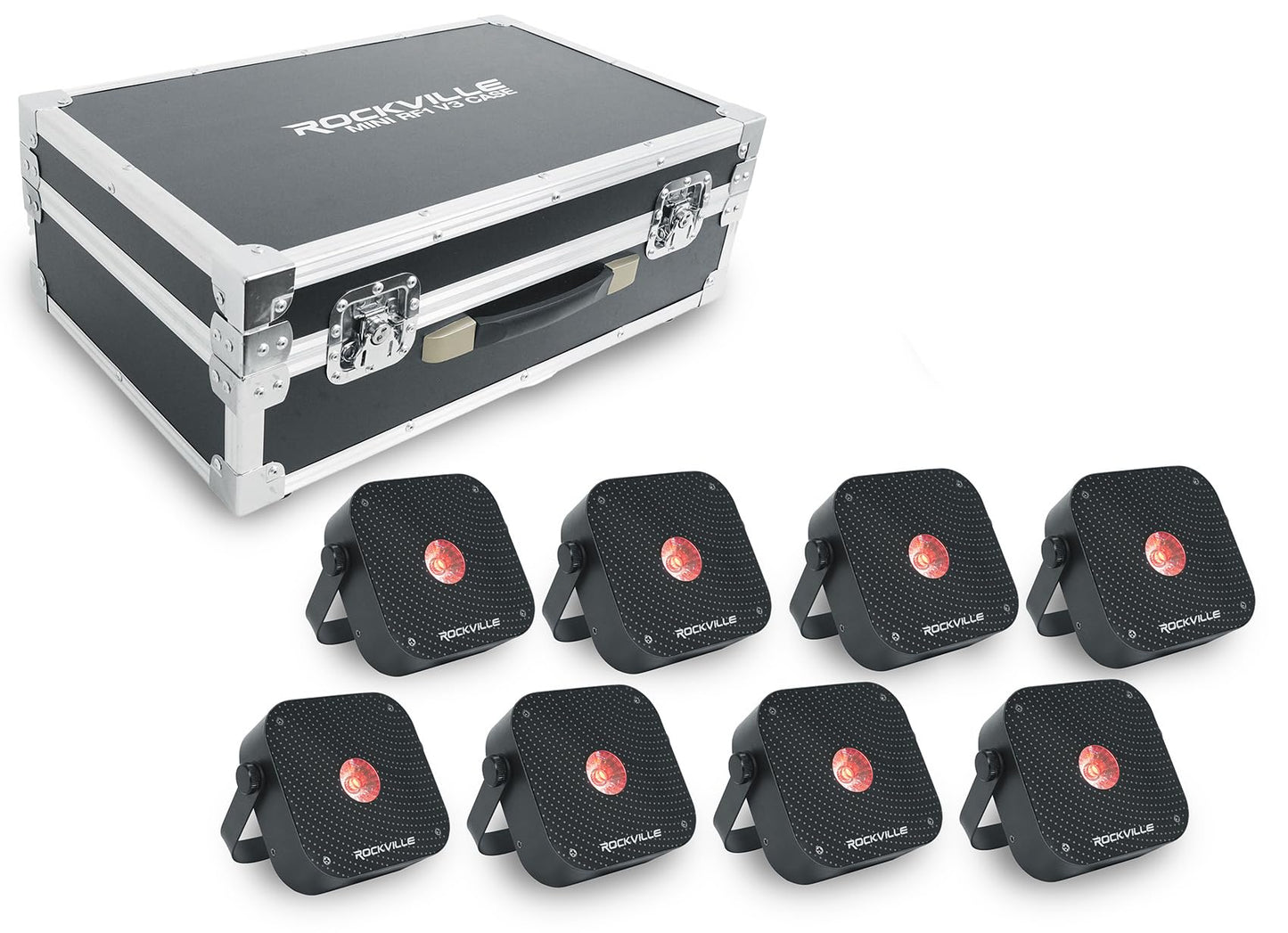 Rockville8 Pack MINI RF1 V3 Charge Package Black LED Par Wash Up Lights with Charging Case, RGBWA+UV, App, Wireless DMX, Rechargeable, Perfect for DJ/Events