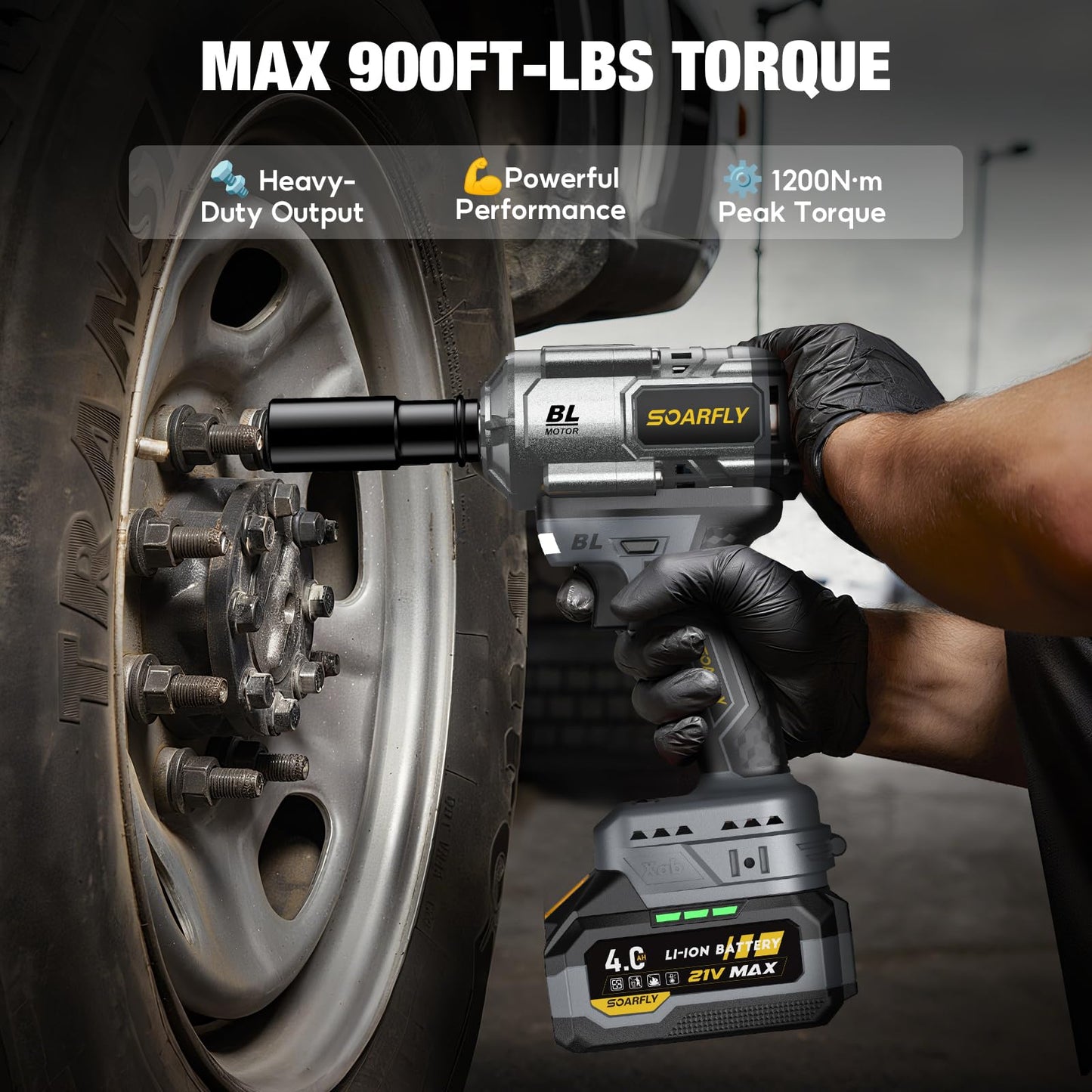 SOARFLY Upgraded Cordless Impact Wrench 1/2", 900 Ft-lbs (1200 Nm) Brushless Impact Gun, 21V High Torque Impact Driver with 2x 4.0Ah Batteries, Variable Speed for Car, Truck, Workshop, Heavy-Duty Jobs