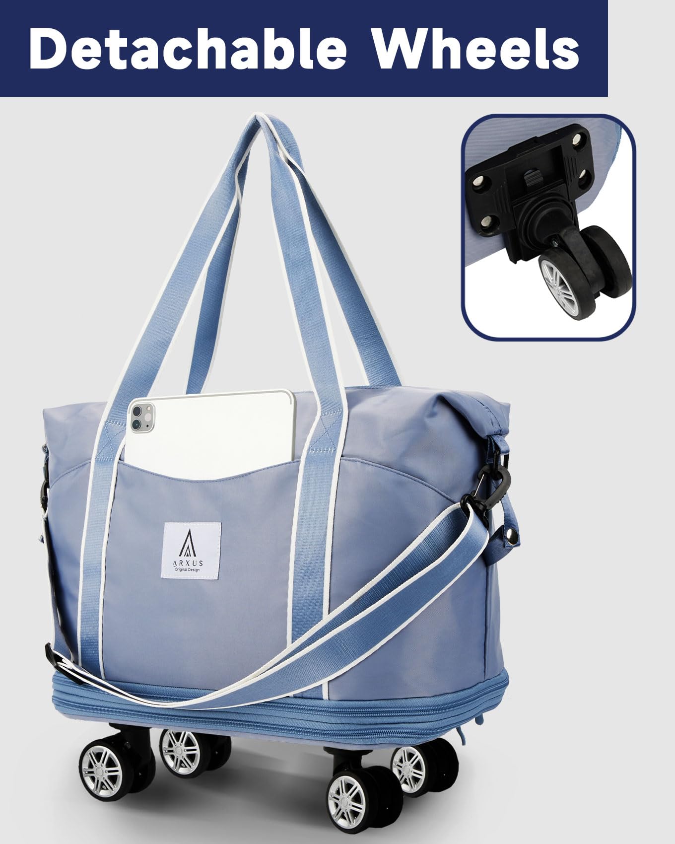 Arxus Rolling Duffle Bag with Detachable Wheels and Adjustable Shoulder Strap, Large Expandable Foldable Carry On Luggage Bag with Handle and Suitcase Sleeve, Weekender Bag for Travel Airplane 25L-55L