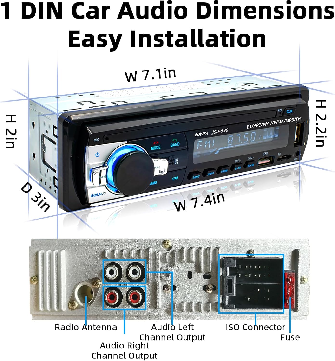 Auroky JSD-530 FM/MP3/TF/AUX/EQ, Single DIN Car Stereo Bluetooth Audio Player Handsfree Radio Receiver Dual USB Ports