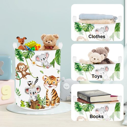 Clastyle 45L Large White Jungle Animals Elephant Kid Laundry Hamper with Handle Collapsible Lion Koala Giraffe Clothes Toy Storage Basket with Lid for Nursery