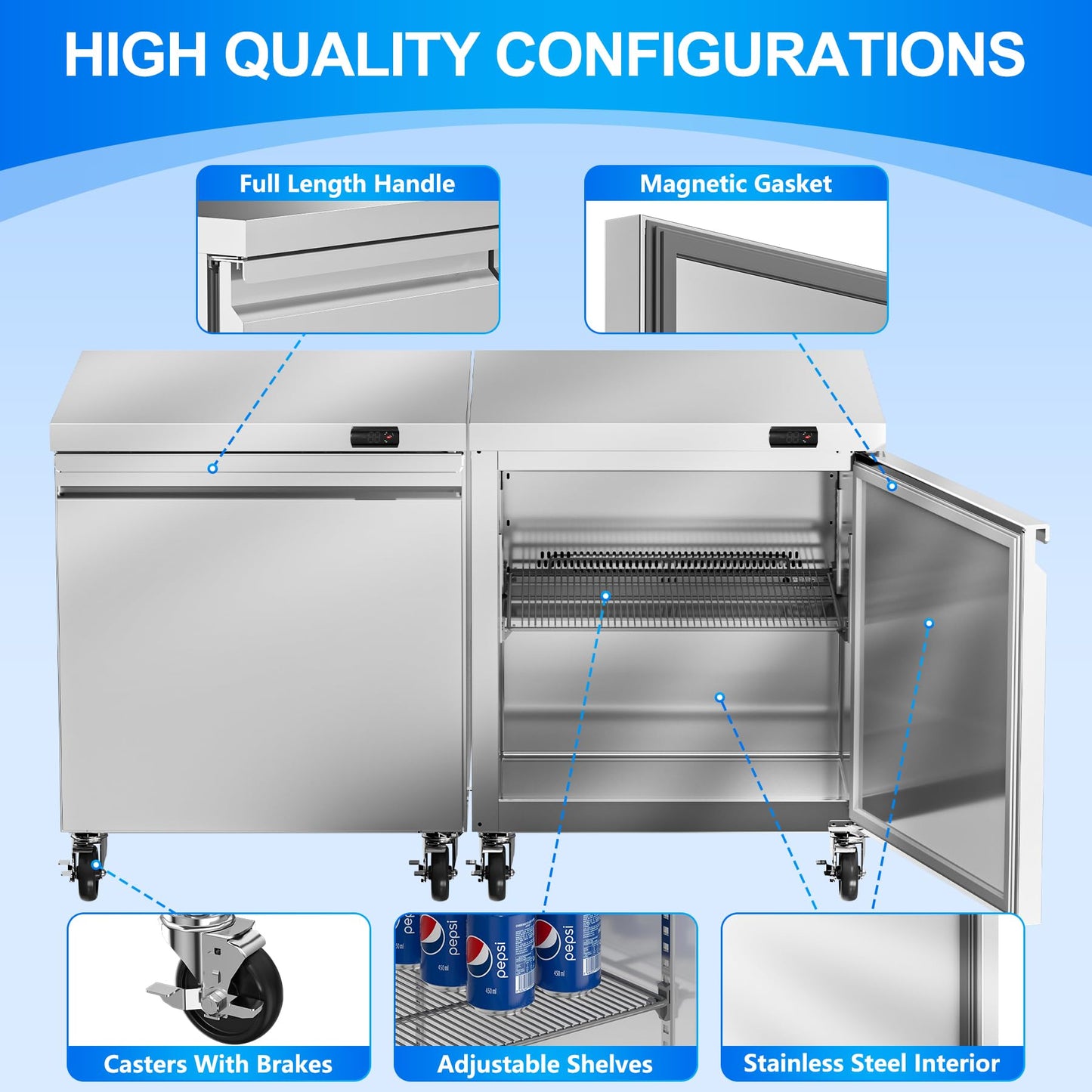 Rockitch 29" W Commercial Undercounter Freezer, 6.7 Cu.ft Stainless Steel Worktop Freezer, Single Door Fan Cooling Kitchen Fridge with Adjustable Shelves for Restaurant Food Prep, ETL Approved
