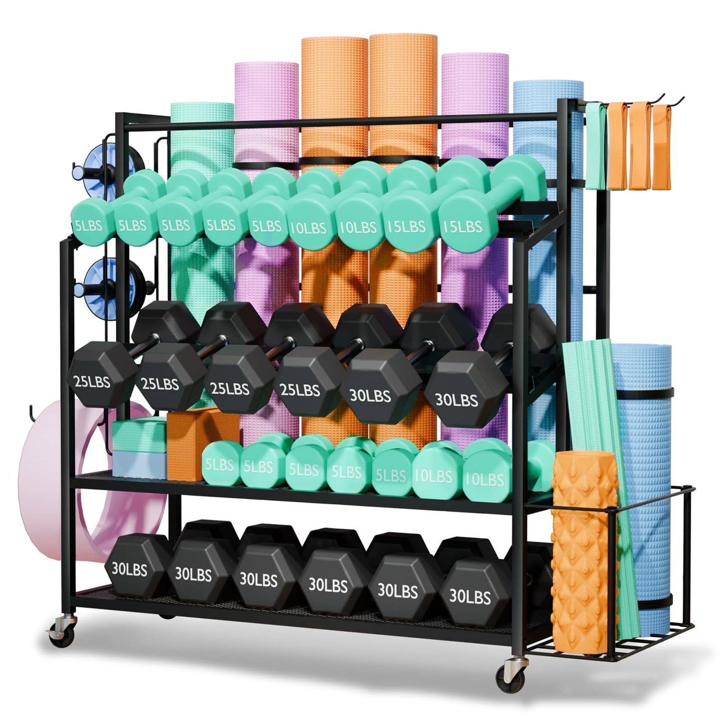 XL Dumbbell Rack Weight Stand - Upgraded 4-Tier Adjustable Weight Rack for Dumbbells, Home Gym Storage Rack for Yoga Mat Kettlebells, Workout Equipment Storage Organizer With Wheels and Hooks