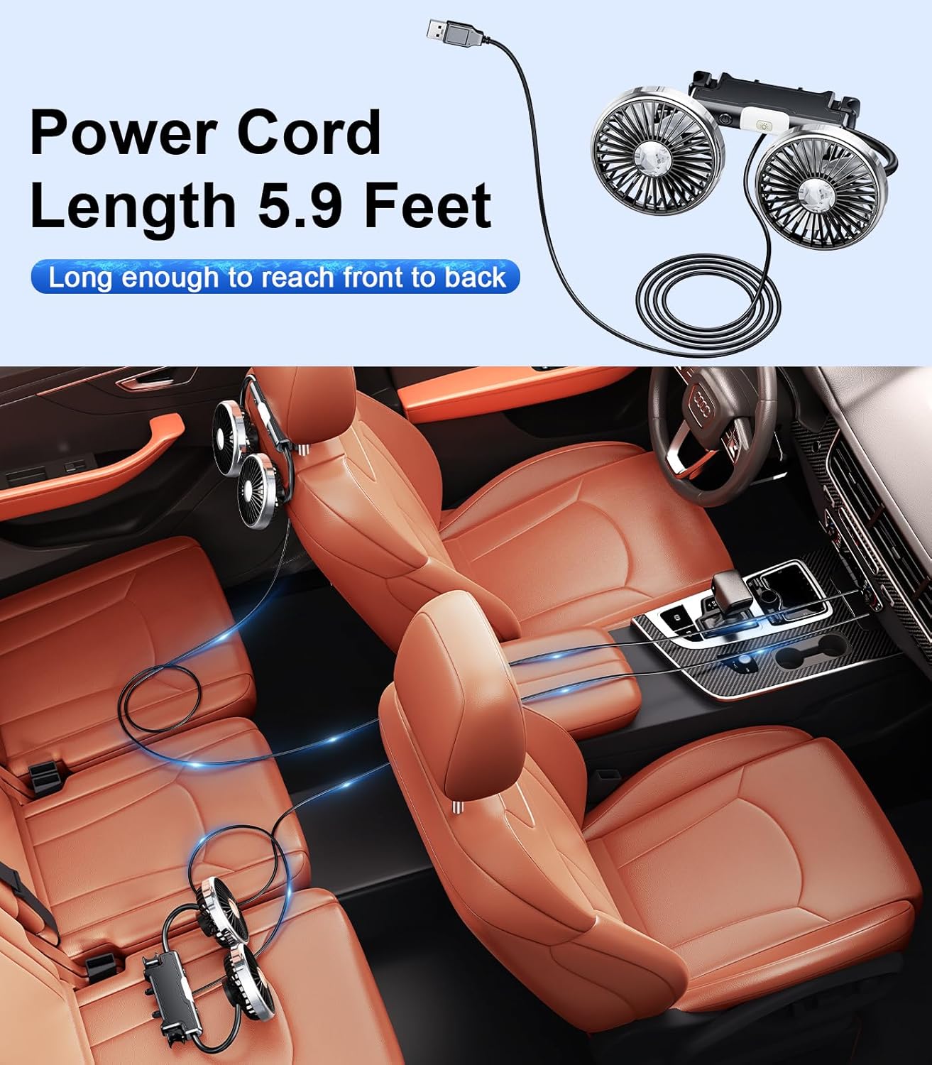 Dual Head Gooseneck Car Cooling Fans for Back Seat for Kids, USB Car Headrest Cooling Fan for Baby Rear Facing, Car