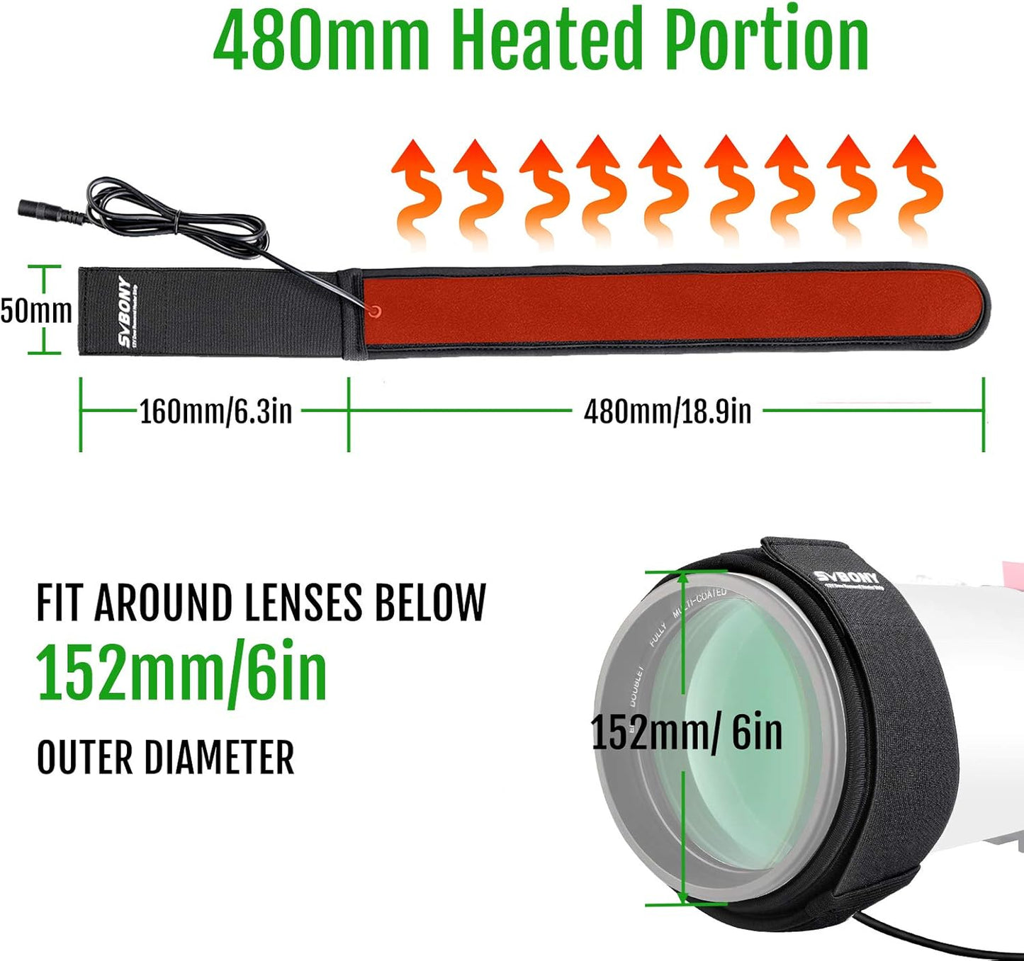 SV192 480 mm 152mm SVBONY Dew Heater Strip Lens Heater Warmer for Telescope DSLR Camera Lens Outer Diameter Below