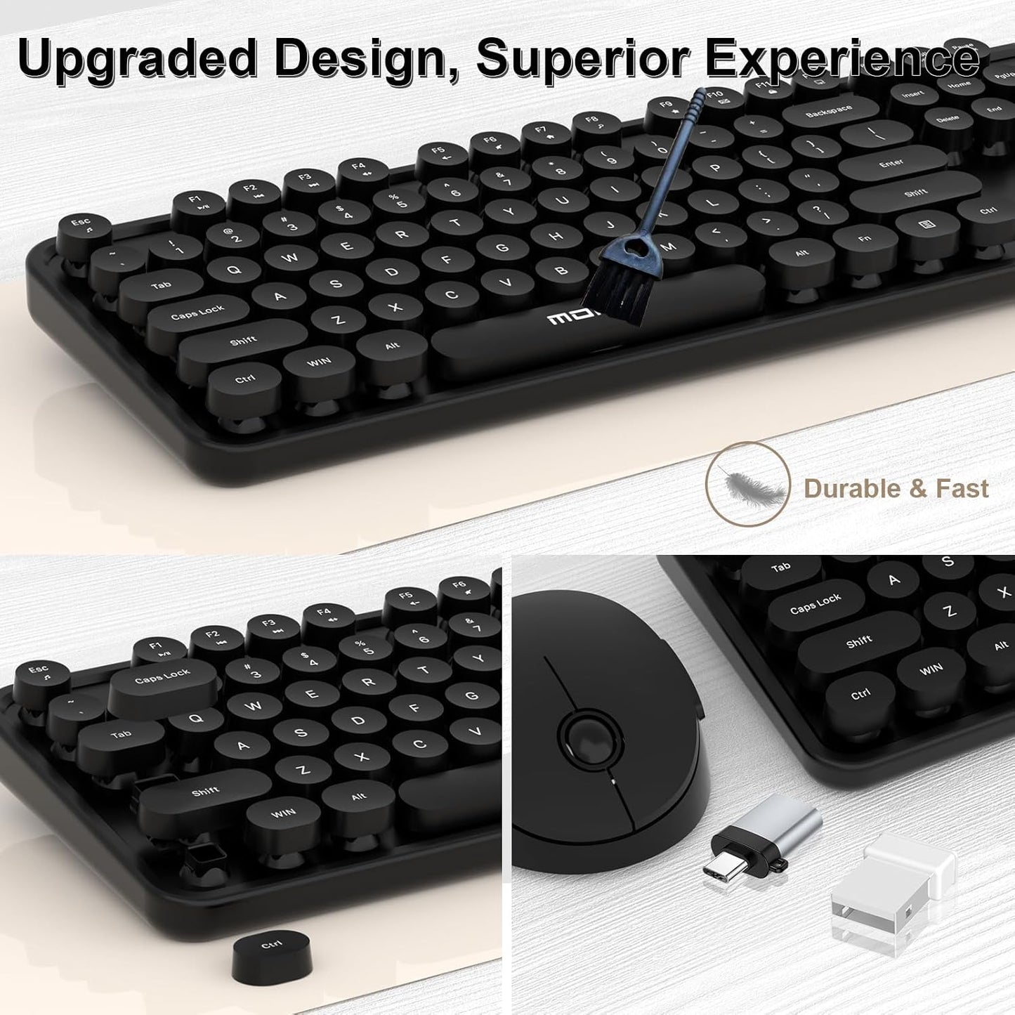 MOFII 104 Wireless Keyboard and Mouse Combo, Keys Full-Size Retro Round Keys Typewriter Keyboards Ergonomic Keyboards