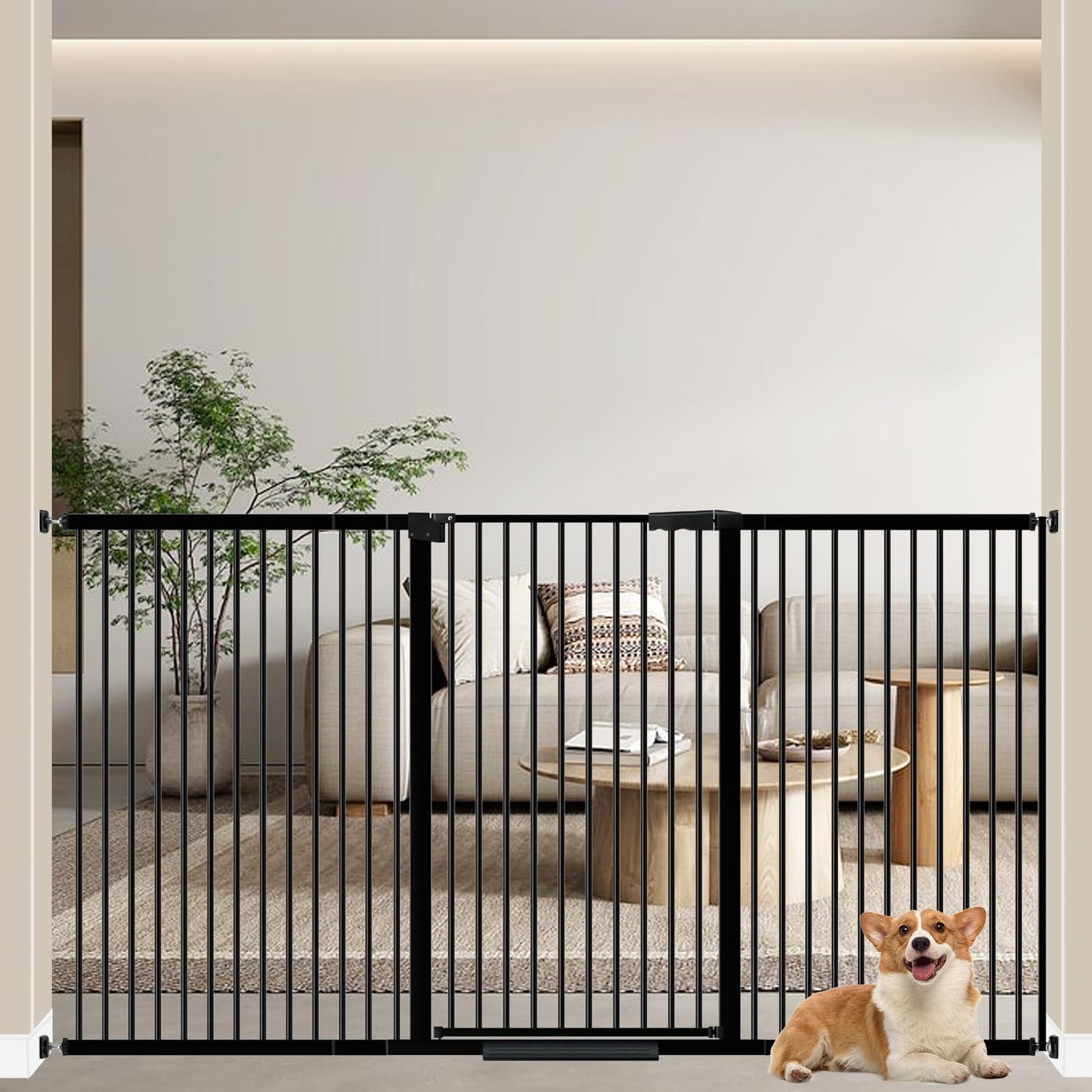 WAOWAO 40.55" Extra Tall 1.37" Ultra Narrow Spacing 69.49-77.36" Extra Wide Dogs Pets Baby Gate Safety Indoor Puppy Pressure Mounted Gate No Drill Black Metal for Stairs,Doorways,Kitchen,Hallway