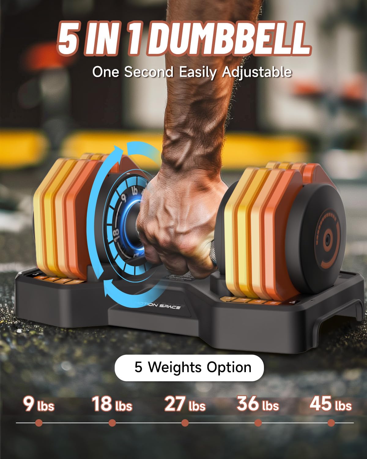 Adjustable Dumbbells Set 45LB Single, 1-Sec Fast Adjustable 5 Weights by Turning Handle, Premium Comfort Non-slip Metal Dumbbells with Tray, Compact Size for Full Body Home Workout (Orange)