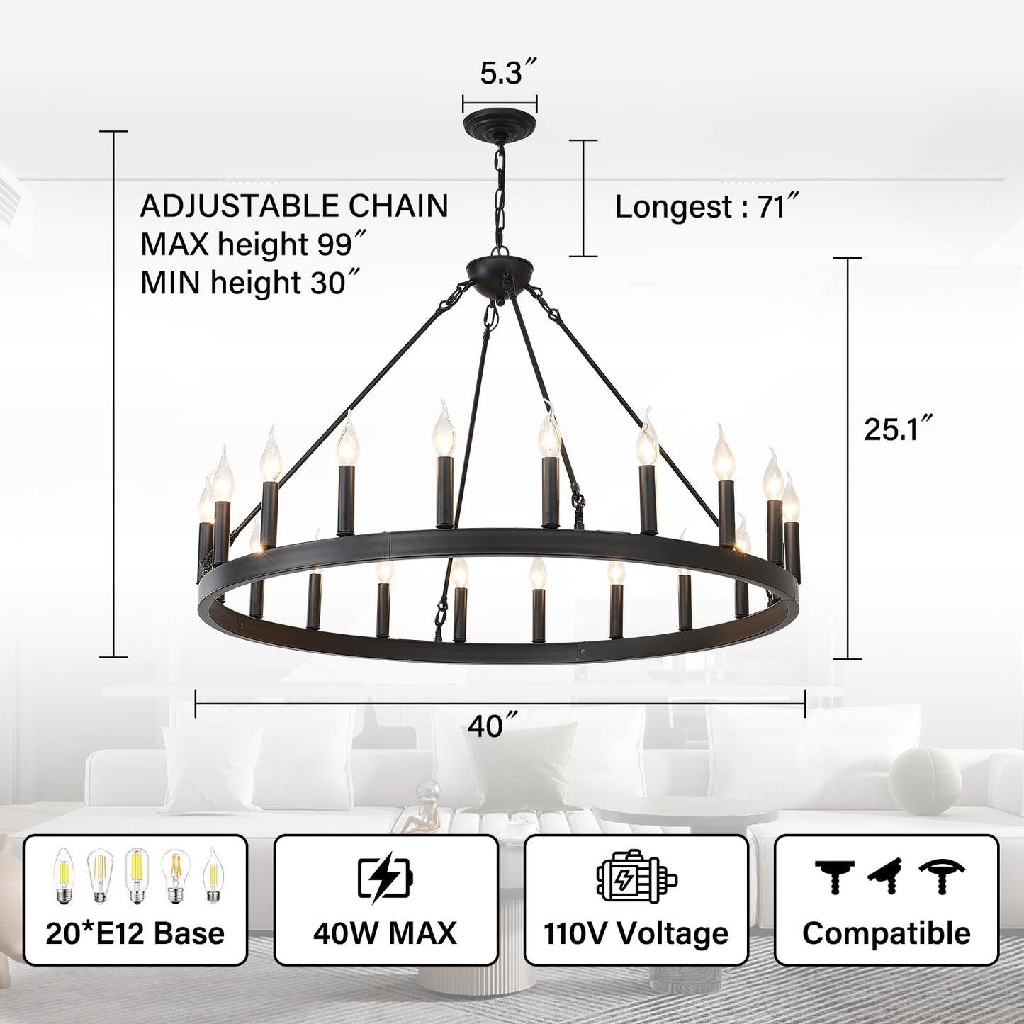 ZBMYRBZJ Black Wagon Wheel Chandelier 40 inch,20-Light Farmhouse Wagon Wheel Chandeliers Round Industrial Ceiling Light fixtures for Porch high Ceilings Living Dining Room Foyer Entryway