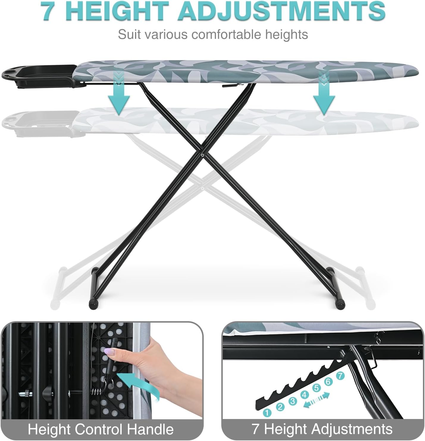 APEXCHASER Foldable Ironing Board - Full Size with Heat Resistant Cover & 7-Lever Height Adjustment | Blue 14x54