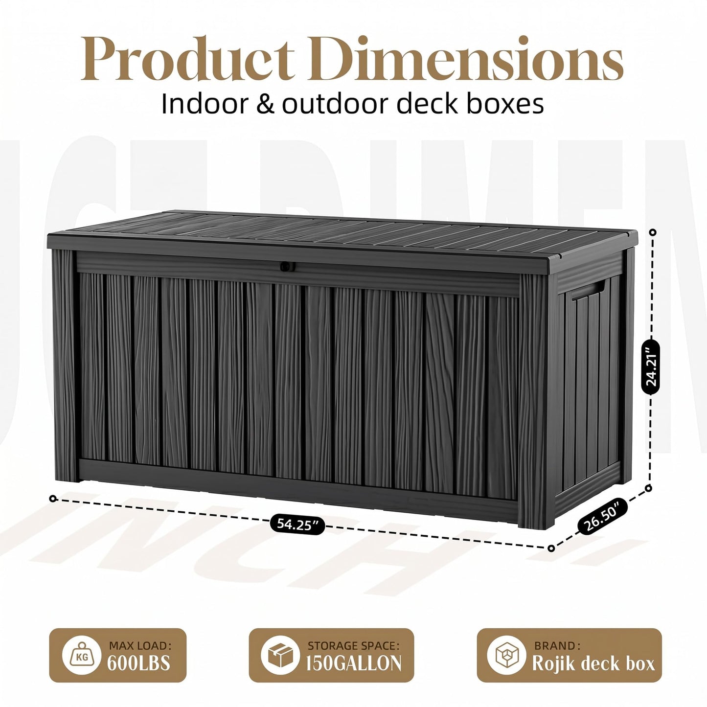 ROJIK 150 Gallon Outdoor Storage Box Waterproof,Weatherproof Deck Boxes Outdoor Lockable,Resin Outside Storage Box for Garden Tools,Cushions,Pool Accessories(Black,150 Gal)