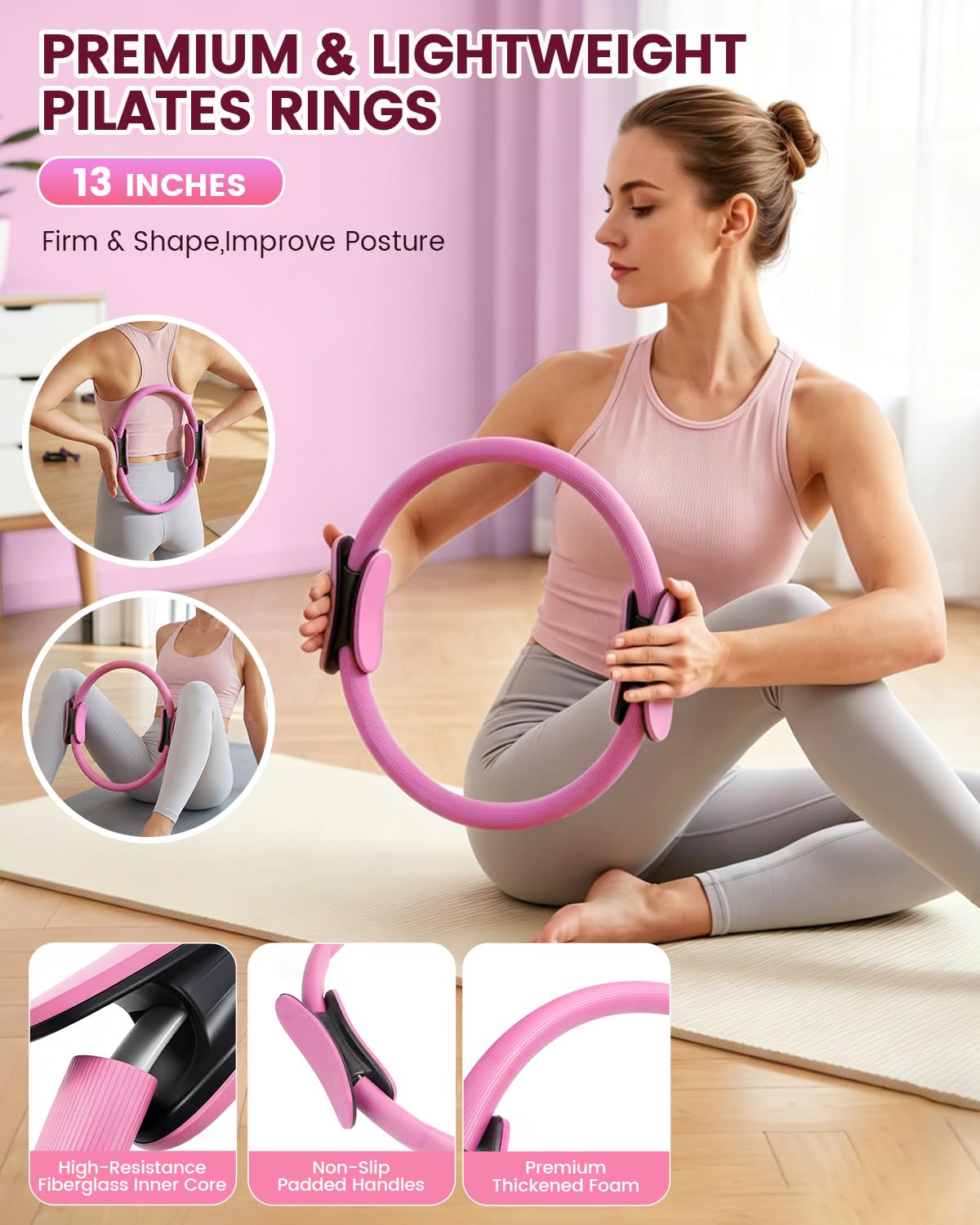 Pilates Kit 24PCS for Women, Pilates Equipment Ring Ball Set with Magic Circle,Resistance Bands Yoga Strap Wrist Ankle Weights Accessories for Beginner Home Fitness Gym Workout(Pink)