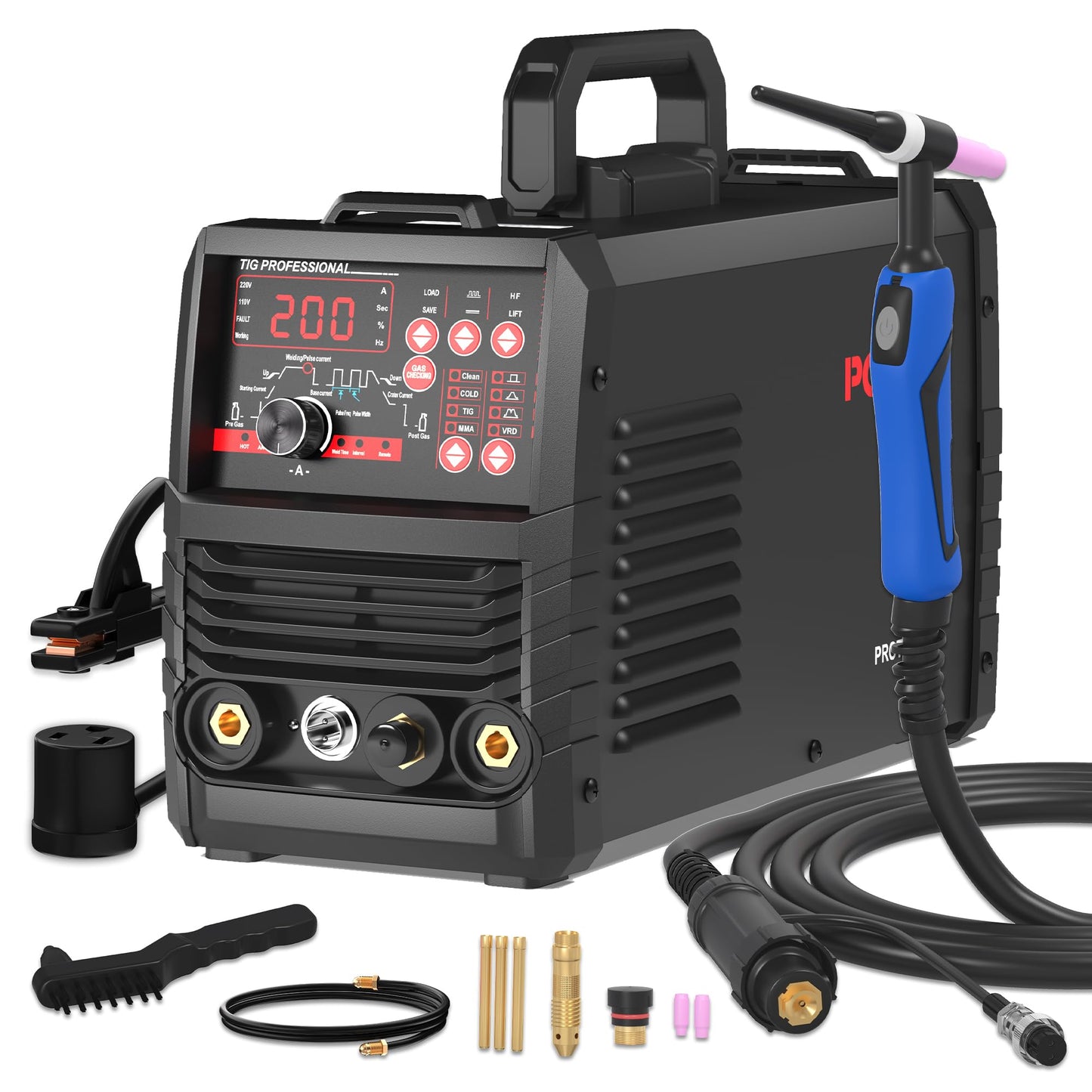PONEY TIG Welder 200 Amp 5 In 1 TIG Welding Machine DC TIG/Spot TIG/Pulse TIG/Stick, 110V/220V Dual Voltage with Large Digital Display