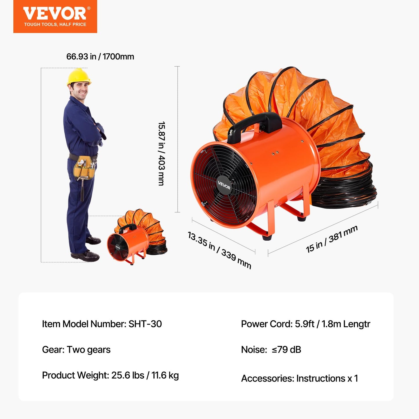 VEVOR Portable Ventilator with Hose, 2 Speed, 12 Inch Utility Blower Exhaust Fan with 16.4ft Flexible Duct, 367W 2894CFM High Velocity Industrial Air Mover for Extraction and Ventilation