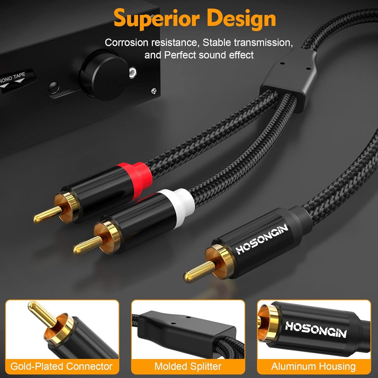 1 2 (2 Pack), 12 Inch, 24K HOSONGIN RCA Y Splitter Cable, Male to Male Audio Cables Gold-Plated, Cotton Braided