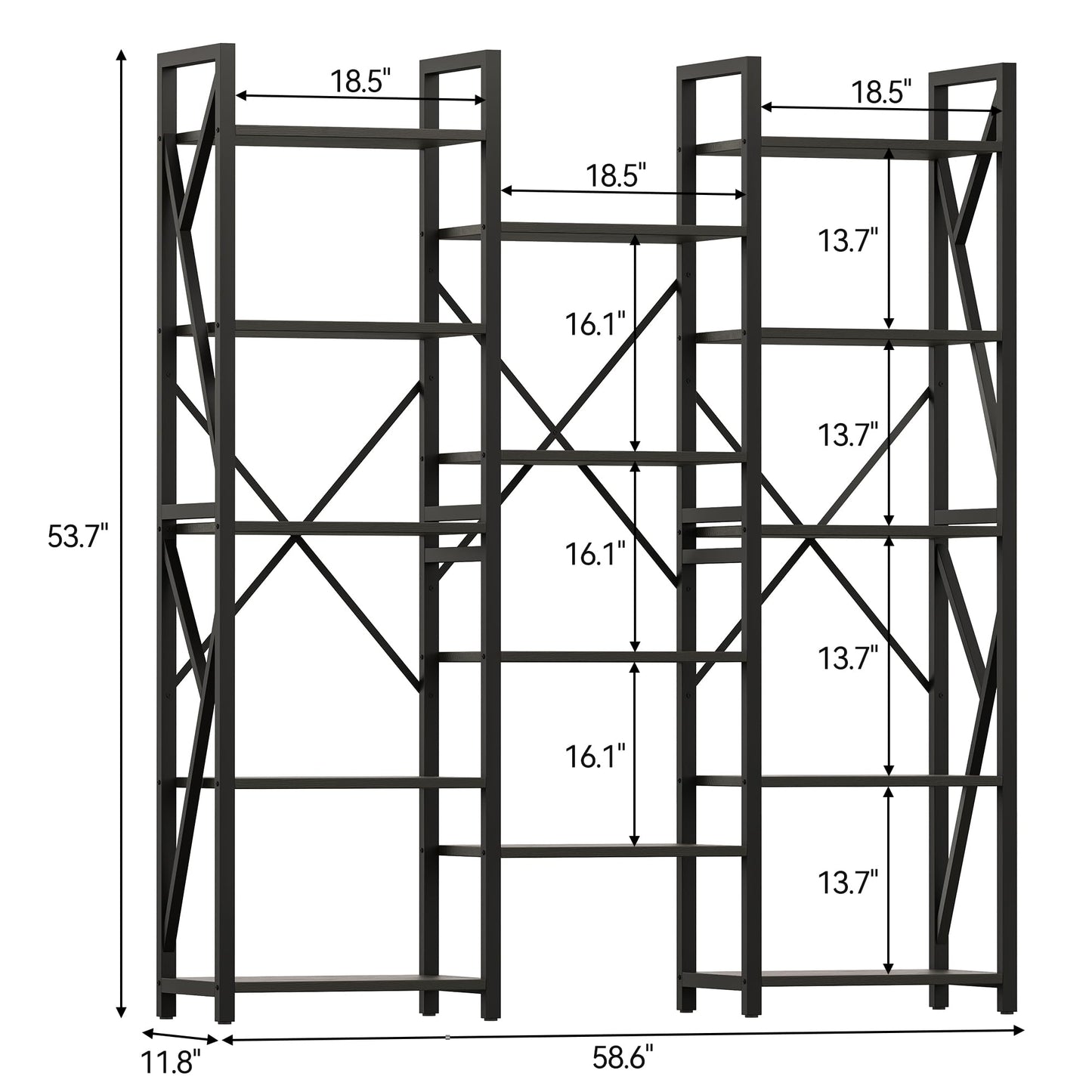 IDEALHOUSE Triple 5 Tier Bookshelf, Tall Bookcases with 14 Open Display Shelves, Industrial Wide Book Shelf with Metal Frame, Large Open Shelves for Bedroom, Living Room, Home Office, Black