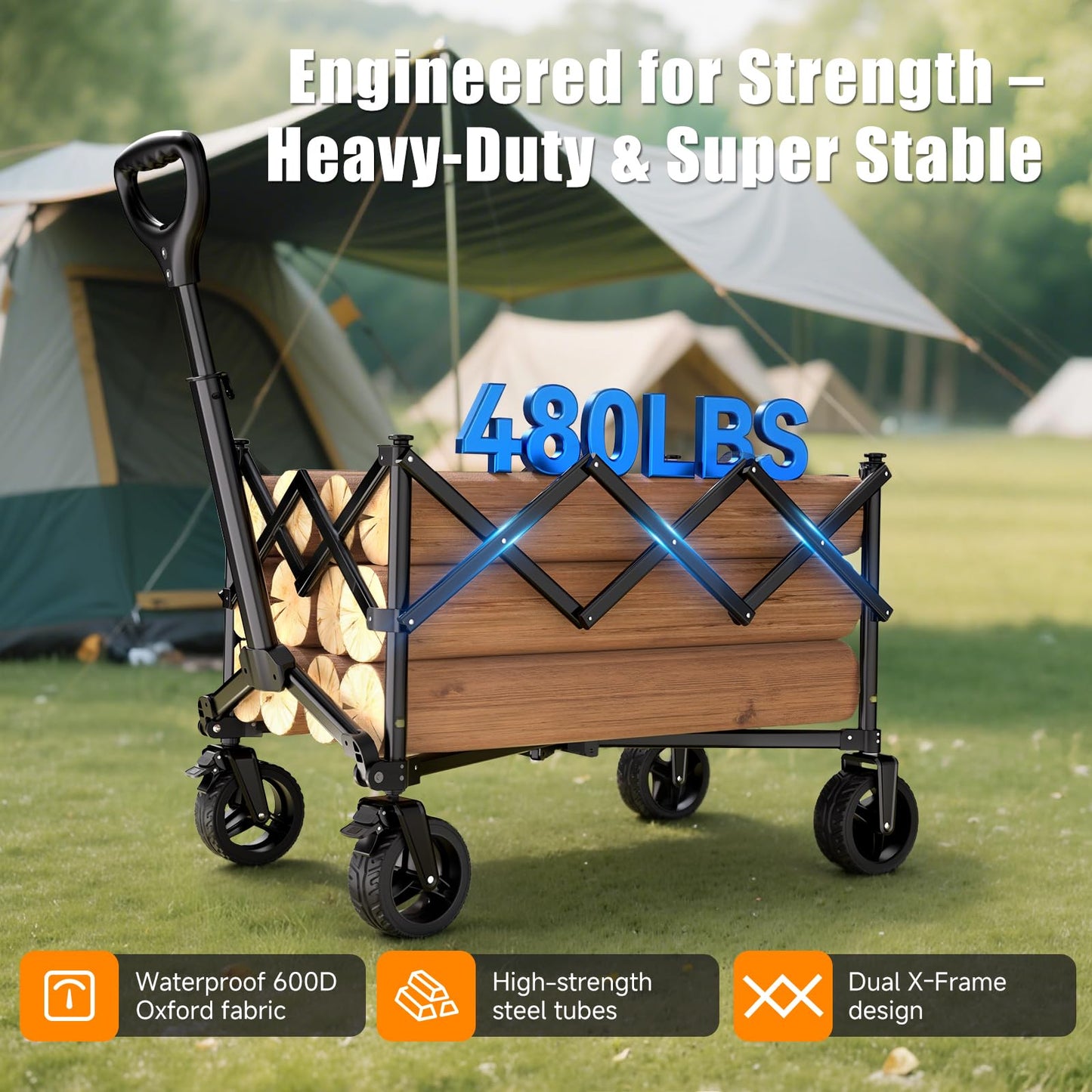 Collapsible Wagon Cart, 480lbs Heavy Duty Beach Wagon with All-Terrain Universal Wheels & Adjustable Handle, Portable Utility Wagons Carts for Camping, Garden, Grocery, Fishing & Sports
