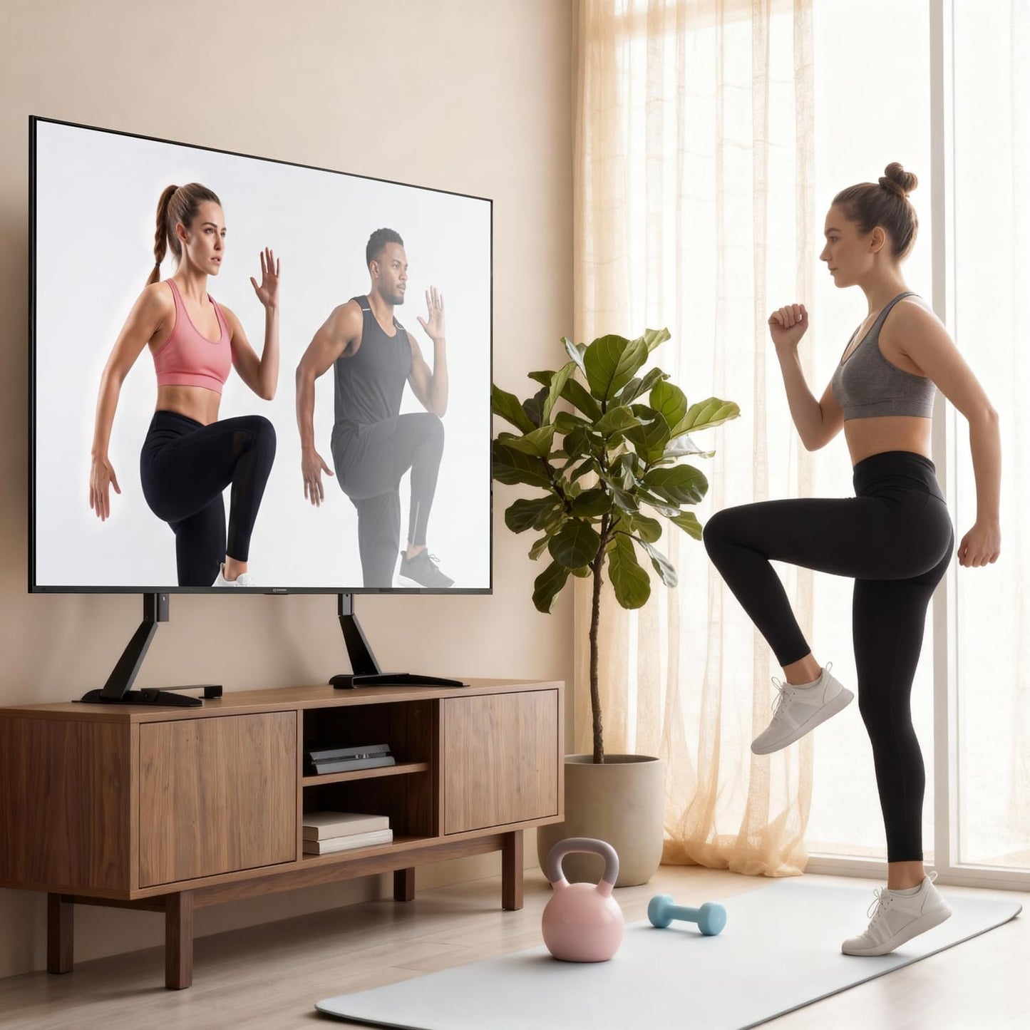 Amazon Basics 77 inch, 80 lbs, Universal TV Stand, Height Adjustable for TVs up to Compatible with Soundbars, Holds up