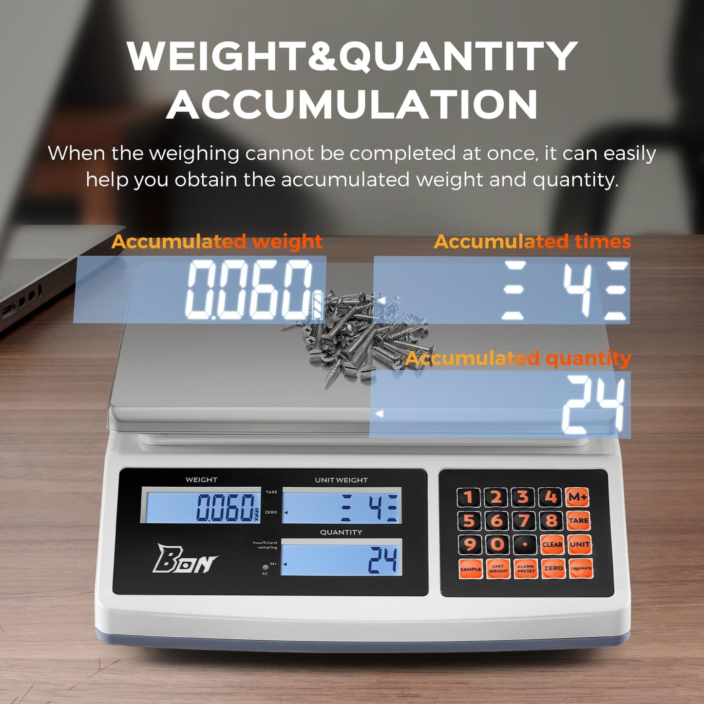 Bonvoisin Counting Scale 30kg/66lb x 0.1g Digital Inventory Industrial Scale with Battery for Small Parts Tickets Pieces