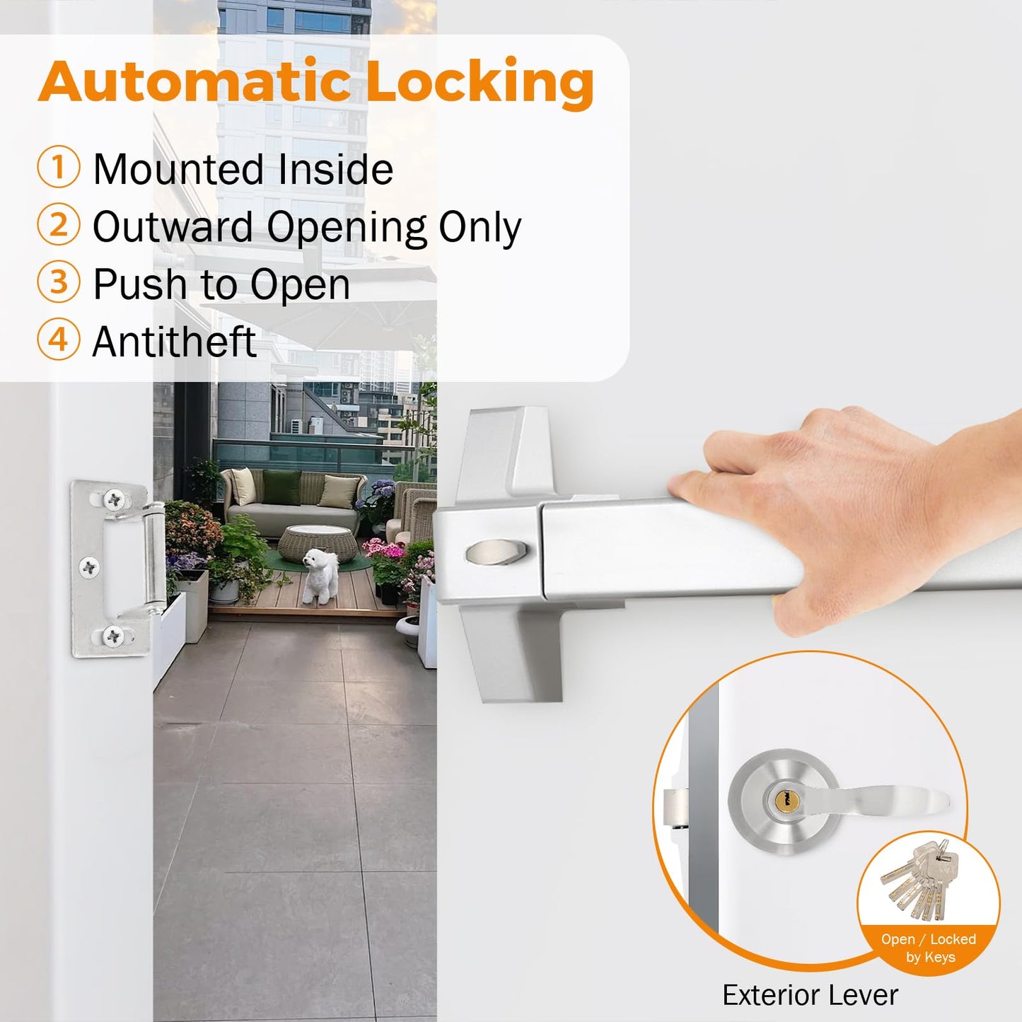 BEAMNOVA 27.5 in Commercial Door Push Bar Panic Exit Device with Exterior Lever Lock Key Roller Strike Plate End Cap Universal Emergency Hardware, for 27.5 to 41 inches Wide Door, Metallic