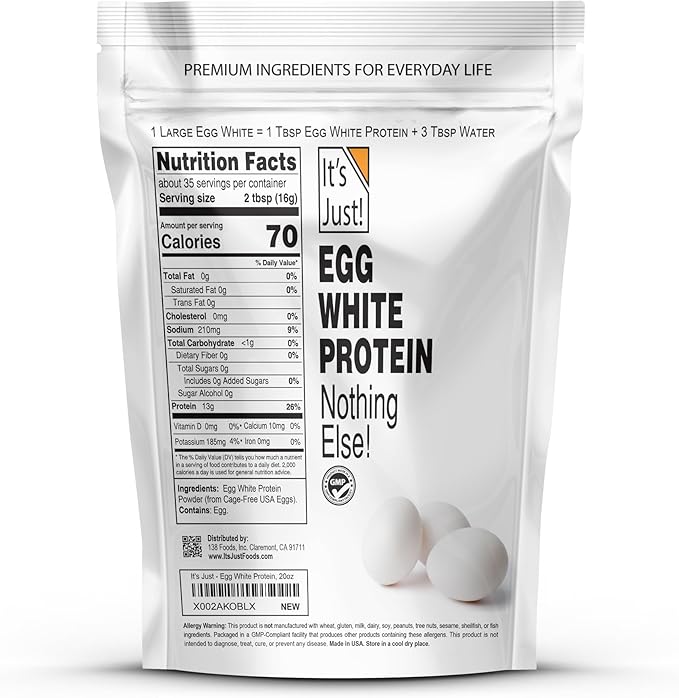 It's Just! - Egg White Protein Powder, Dried Egg Whites Protein, Meringue Ingredient, Non-GMO, USA Farms (Unflavored, 20oz)