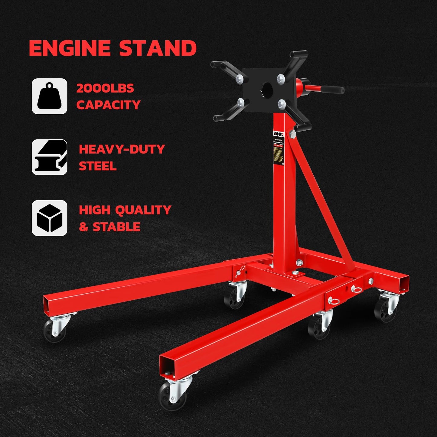DNA Motoring Foldable 360 Degree Rotating Head Engine Motor Stand 2000Lb Capacity with 6-Casters, 4 Adjustable Arms, Red, TOOLS-00325