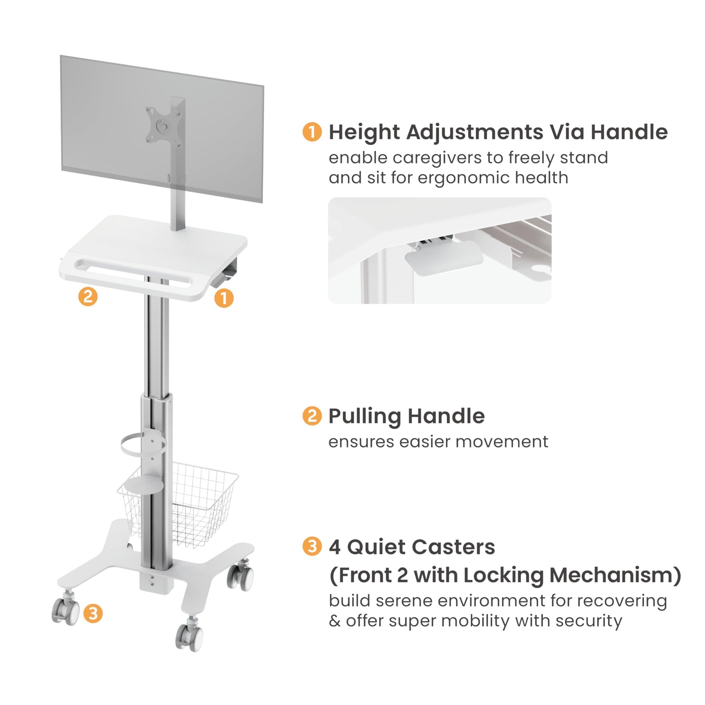 Mount Plus MB-C10 Medical Trolley Cart For Monitor Desktop With Keyboard Table, Basket, Wipe Holder, Scanner Holder For Hospital Clinic Dental Office Home Office | Height Adjustable Mobile Workstation