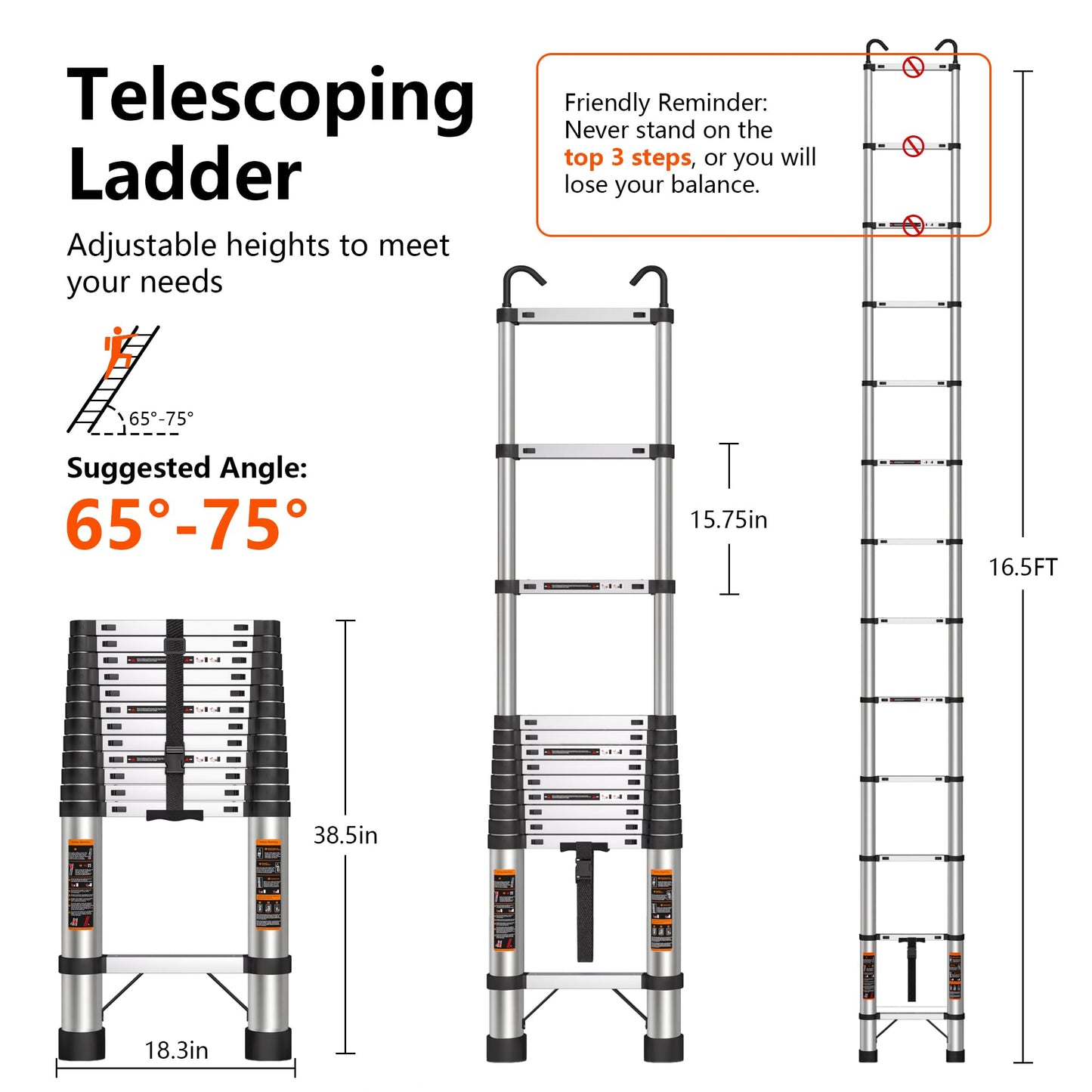 Telescoping Ladder 16.5 FT Telescope Ladder Stainless Steel, Extension Collapsible Telescopic Ladders with 2 Hooks Folding Extendable Adjustable Portable Rv Ladders for Home Roof, 330lbs Max Capacity