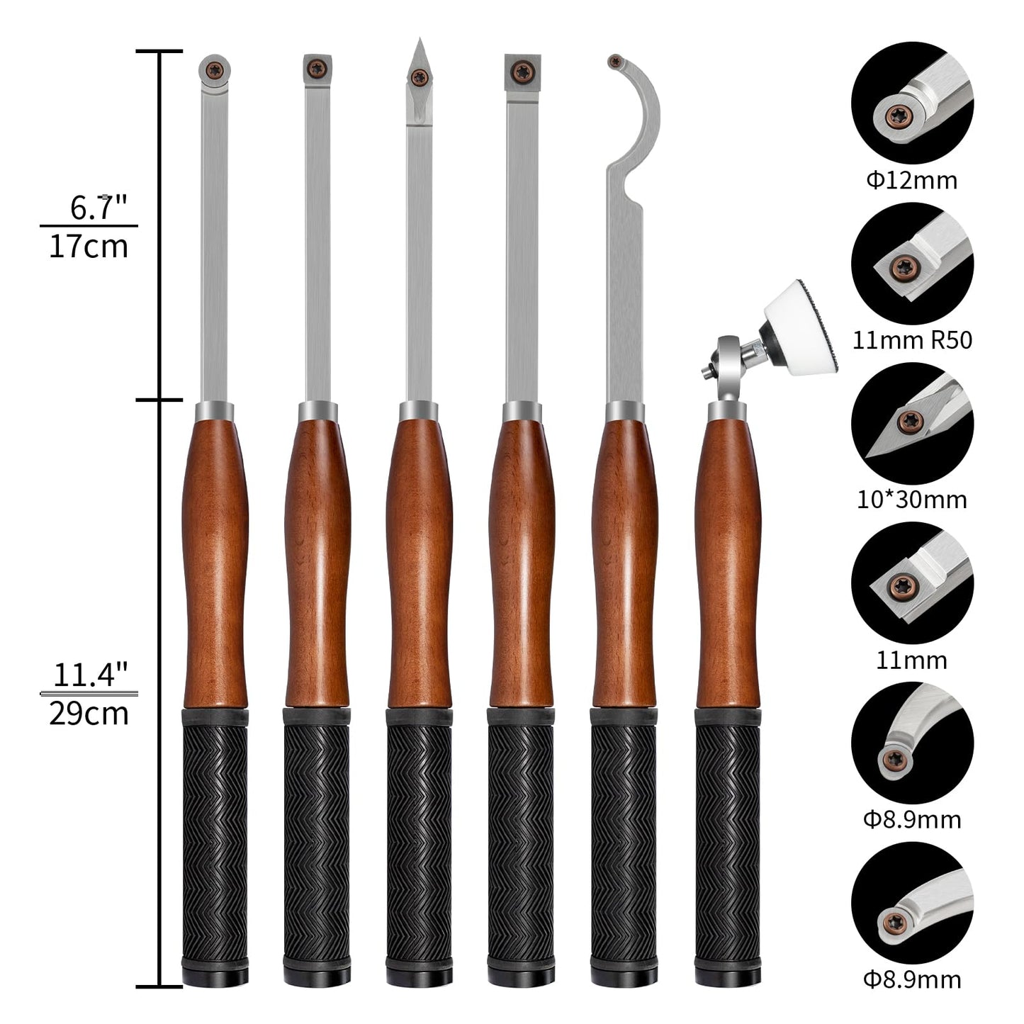 SIIIXS Full Size Carbide Wood Lathe Turning Tool Kit with Bowl Sander,6pcs 18" Professional Carbide Lathe Tools with Wooden Box including Swan Neck Hollower, Rougher, Finisher,Beech Handle with Rubber