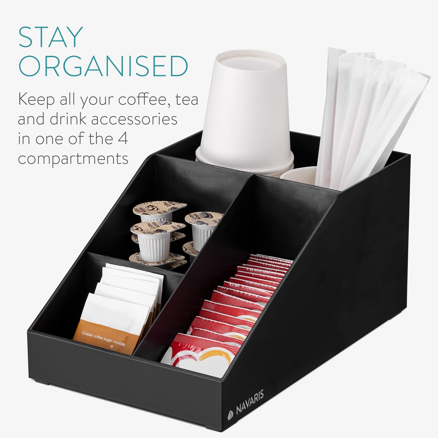 Navaris Coffee Station Organizer - 4 Compartment Coffee Bar for Office & Kitchen Countertop Organization