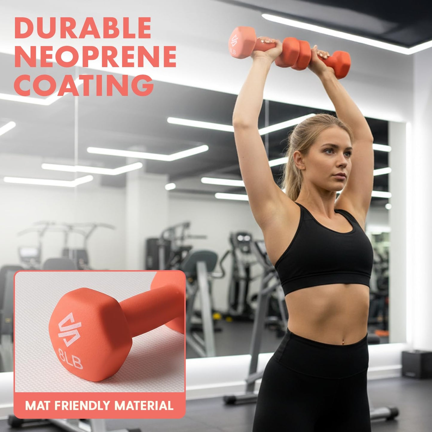 SQUATZ Dumbbell Weights Set with Stand, 32lbs Neoprene Coated Weights in Color Gray, Black, and Orange, Hex Shape Anti Slip and Roll Dumbbells for Exercise, Training, Fitness, Yoga