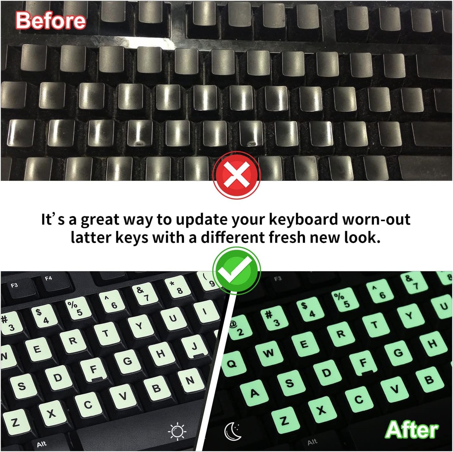 CaseBuy 2PCS Pack Universal English Keyboard Stickers Glow in The Dark, Keyboard Letters Stickers for Computer Laptop