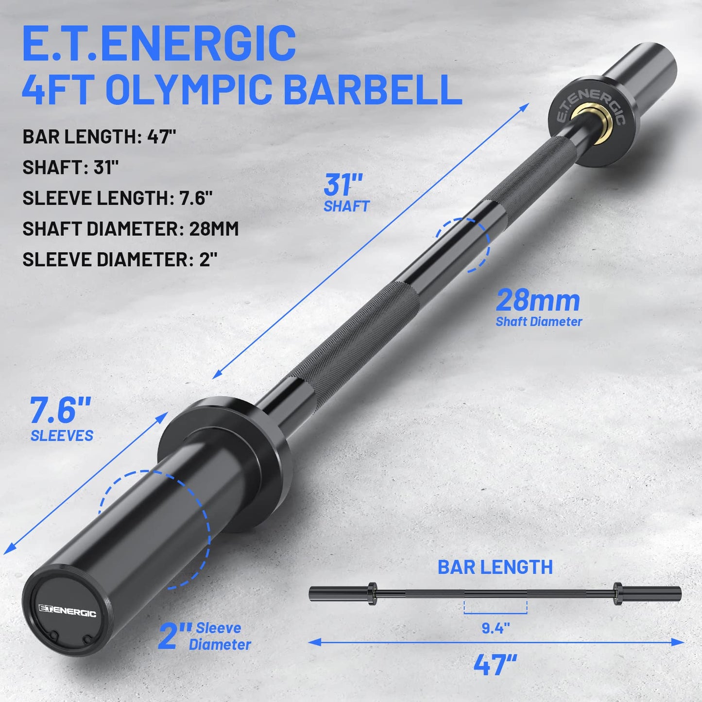 E.T.ENERGIC 4ft Olympic Barbell - Heavy Duty Chrome Steel Weightlifting Bar for 2-Inch Plates, 500LBS Capacity Bar with Knurled Grip & Ball Bearings - Compact Strength Training Barbell for Men & Women Home Gym Workout, Black