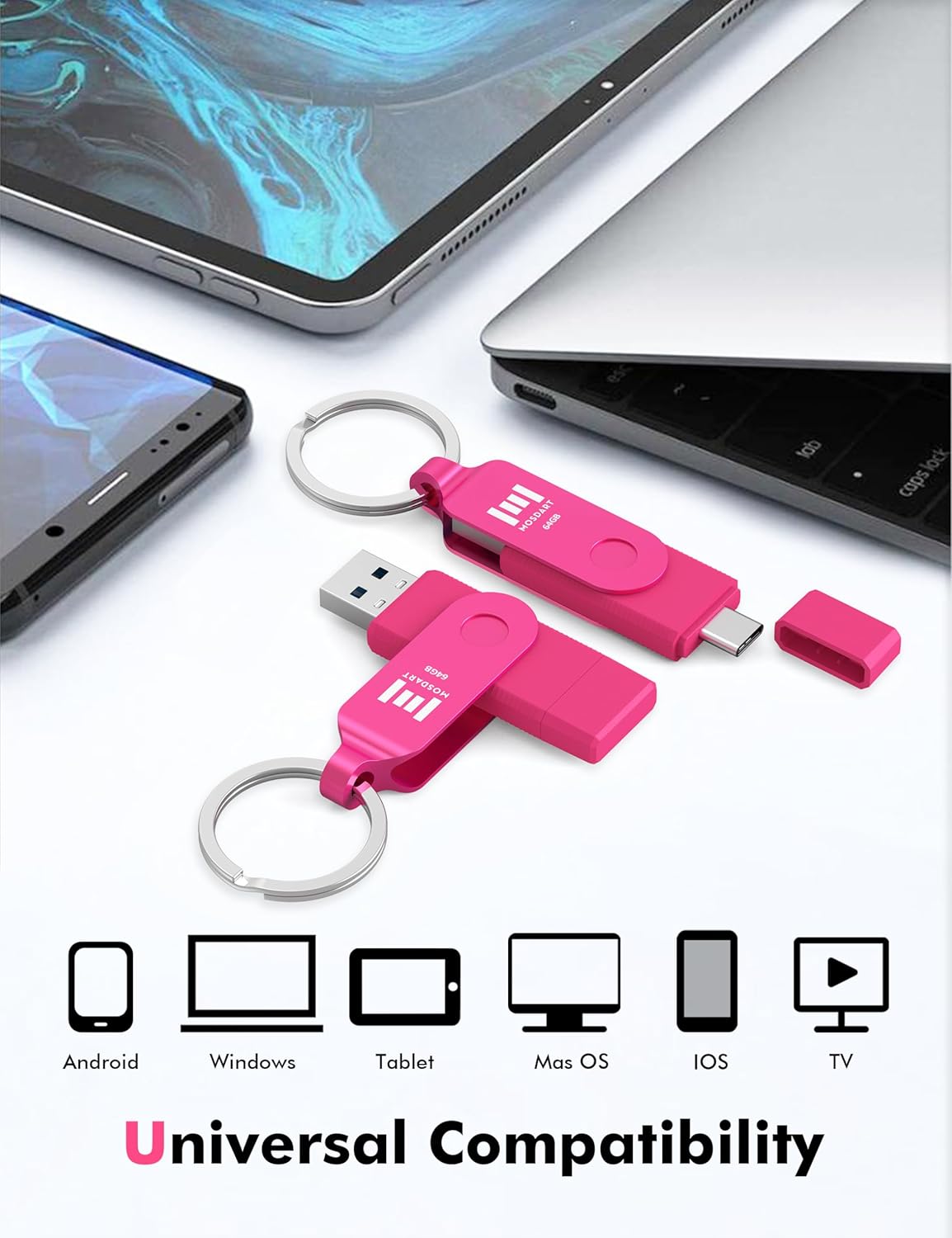 mosDART 64GB 3.2 150MB/S 15, 16 17, Dual USB Type-C Flash Drive, Thumb Drive with Keychain and LED Light, exFAT Memory