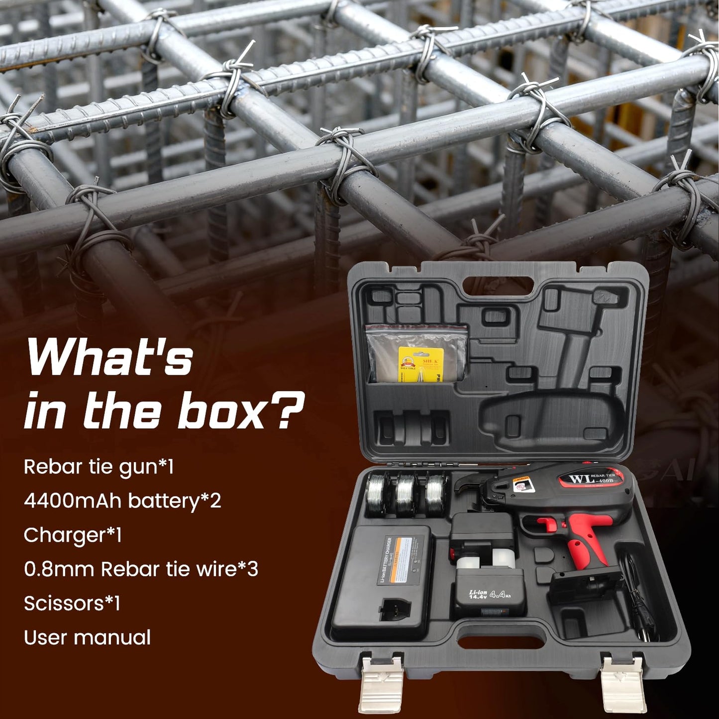 SDLOOL Rebar Tying Machine Automatic Rebar Tie Gun with 21ga Tie Wire, 2 x 14.4V 4400mAh Battery Handheld Portable Rebar Tying Tools for Φ 0.3" to 1.58" Rebars