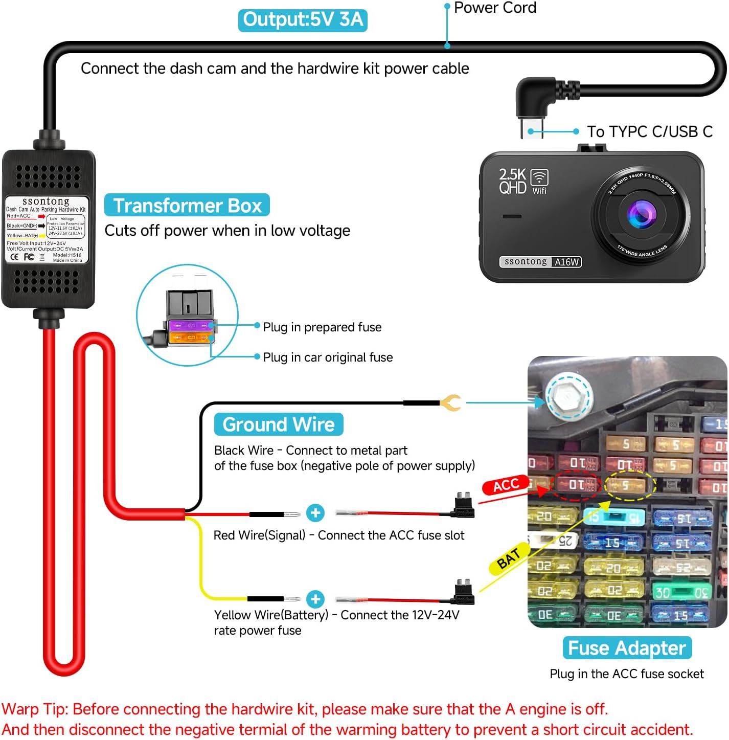ssontong 3-Lead 12V-24V 5V 13ft Dash Cam Hardwire Kit, Acc Hardwire Kit for Dash Camera Type C Hard Wire Kit to USB-C