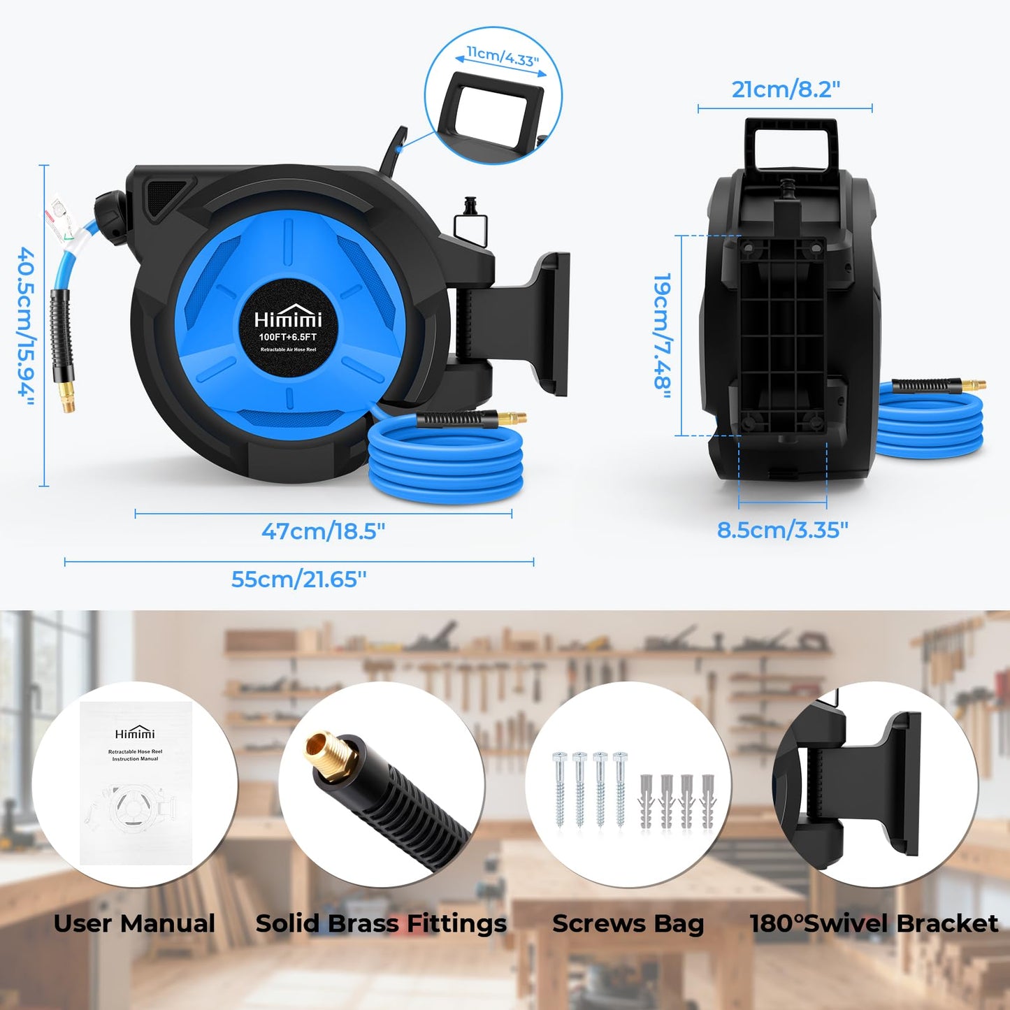Retractable Air Hose Reel, 3/8" x 100 Ft Hybrid Hose Air Compressor Hose Reel with 6.5 Ft Lead-in Max 300 PSI, Air Hose with Any Length Lock, Automatic Rewind, 180° Swivel Bracket, Quick Coupler