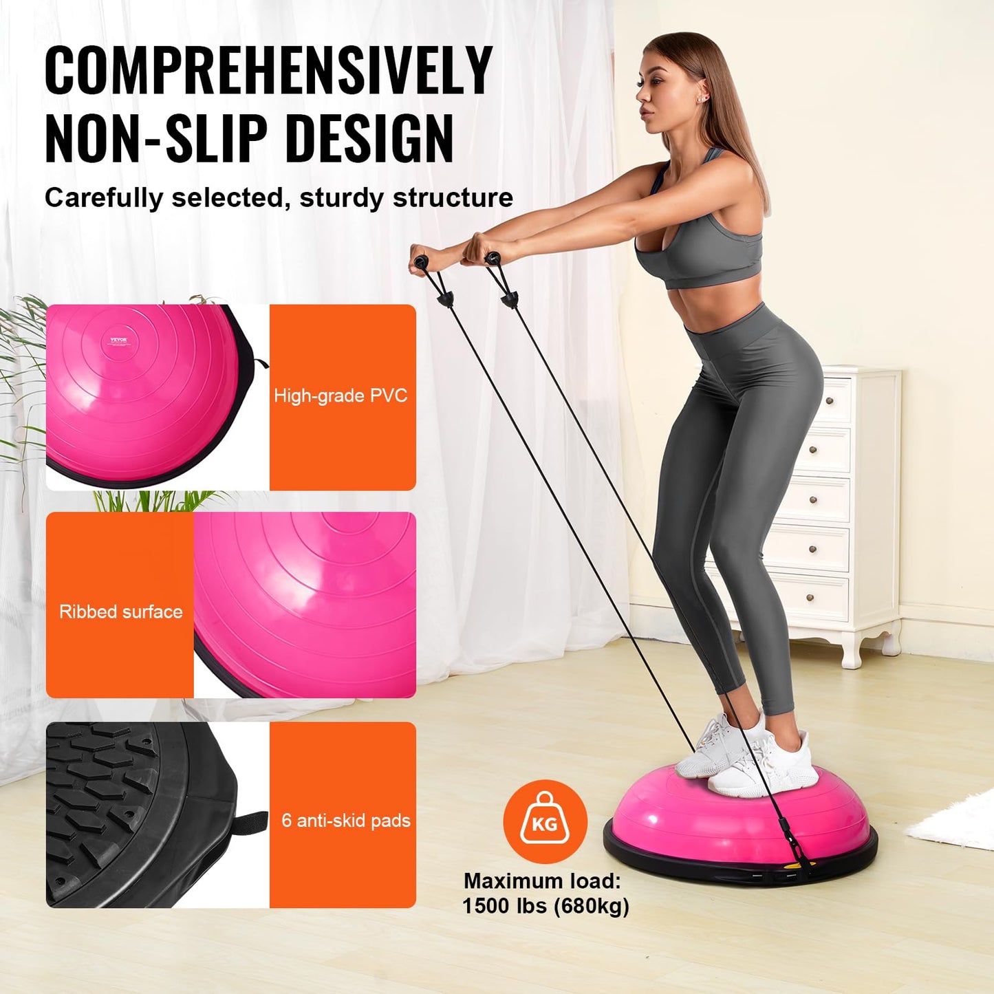 VEVOR 26-inch Half Exercise Ball Trainer, 1500 lbs Capacity Balance Ball, Includes Resistance Bands and Pump, Ideal for Full Body Workouts, Yoga, and Strength Training at Home Gym, Pink