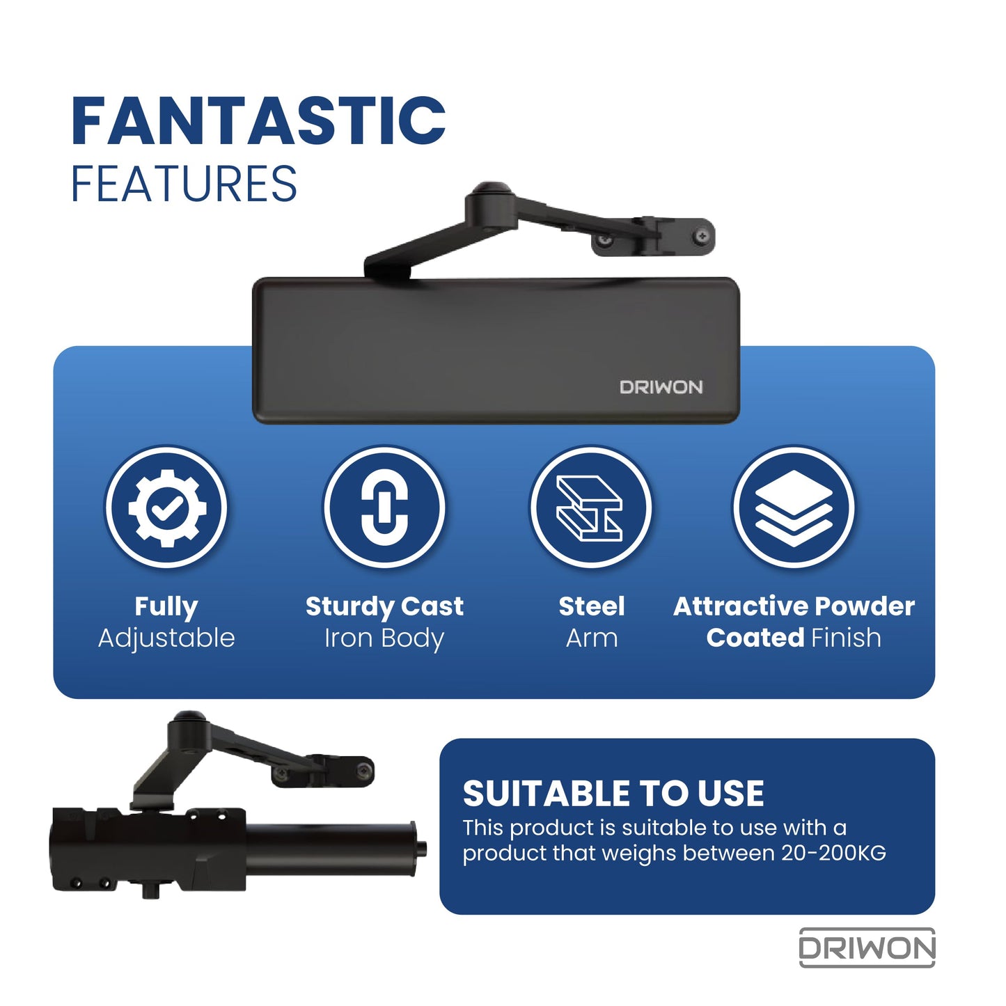 Commercial Extra Heavy Duty Hydraulic Door Closer - DRIWON DN-9500 Black -Sturdy Cast Iron Body, Steel Arm, Attractive Powder Coated Finish, Adjustable for High Traffic