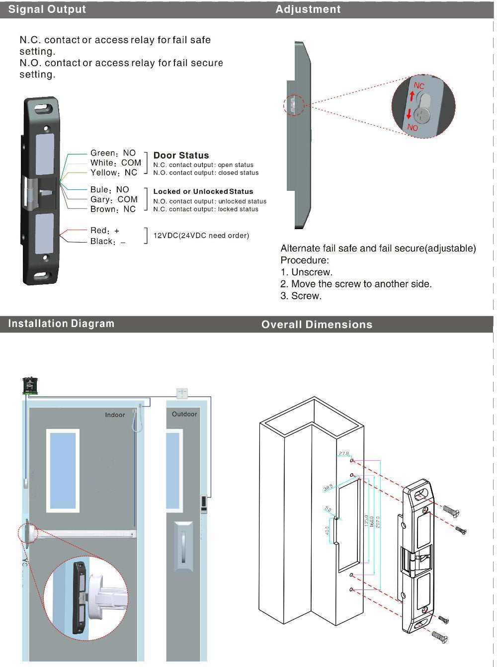 MENGQI-CONTROL Fire Emergency Door Electric Strike Push Rod Lock for Panic Bar Exit Open Device